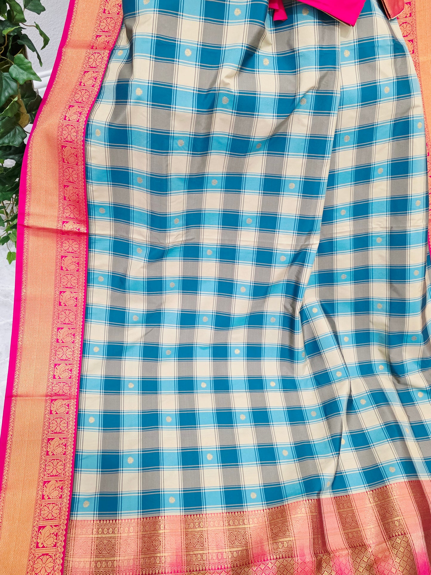 Teal Blue & Ivory Madrasi Checks Semi Kanchi Soft Silk Saree with Rani Pink Borders, Gold Pallu & Stitched Blouse — Size 38, Extendable to 44