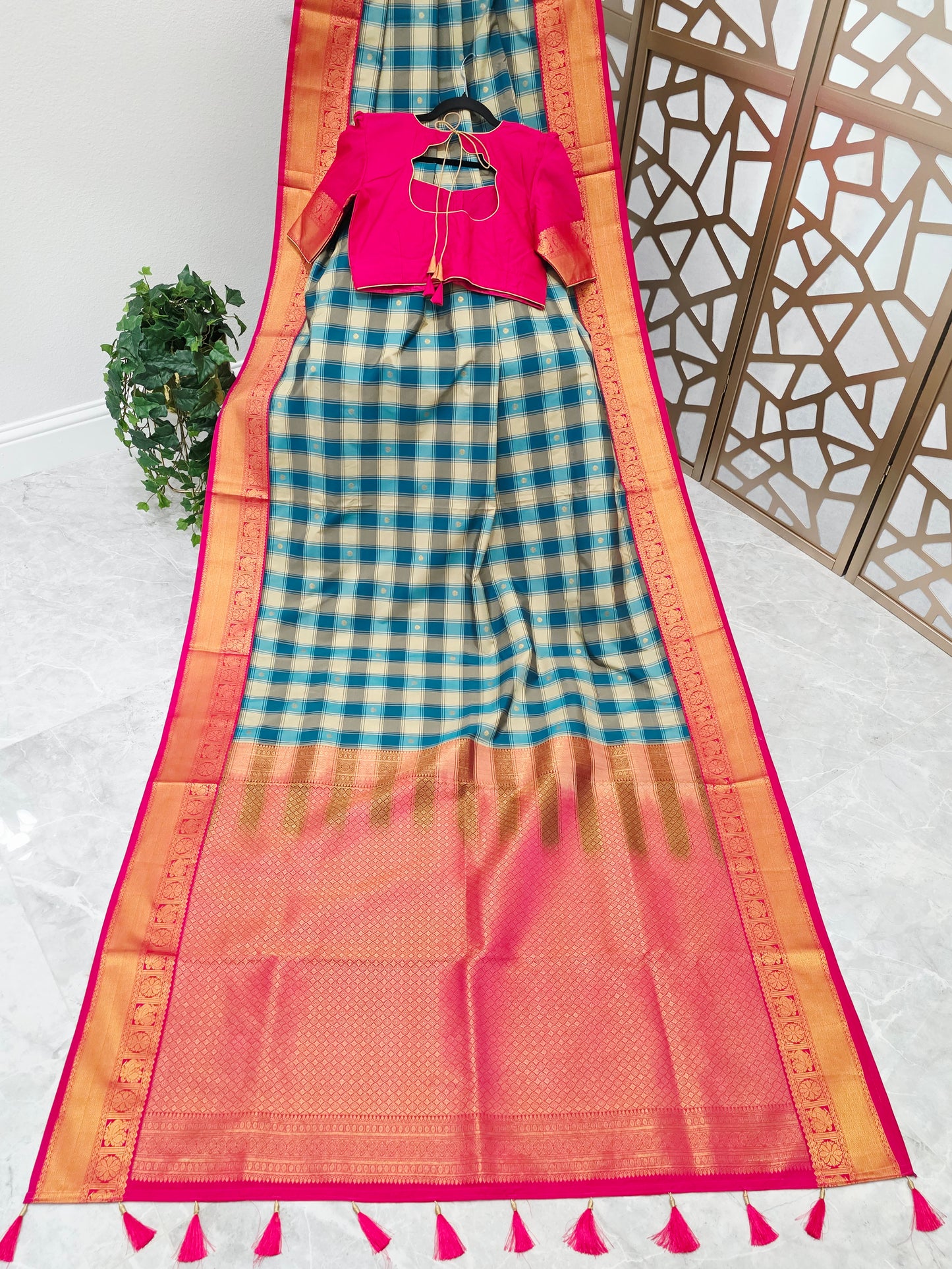 Teal Blue & Ivory Madrasi Checks Semi Kanchi Soft Silk Saree with Rani Pink Borders, Gold Pallu & Stitched Blouse — Size 38, Extendable to 44