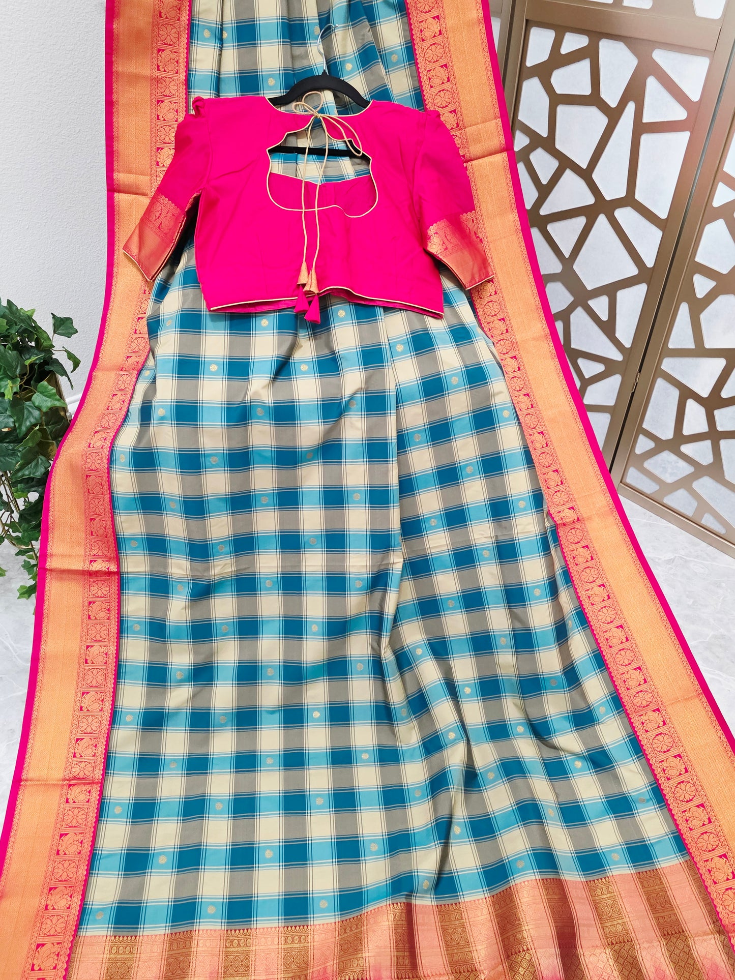Teal Blue & Ivory Madrasi Checks Semi Kanchi Soft Silk Saree with Rani Pink Borders, Gold Pallu & Stitched Blouse — Size 38, Extendable to 44