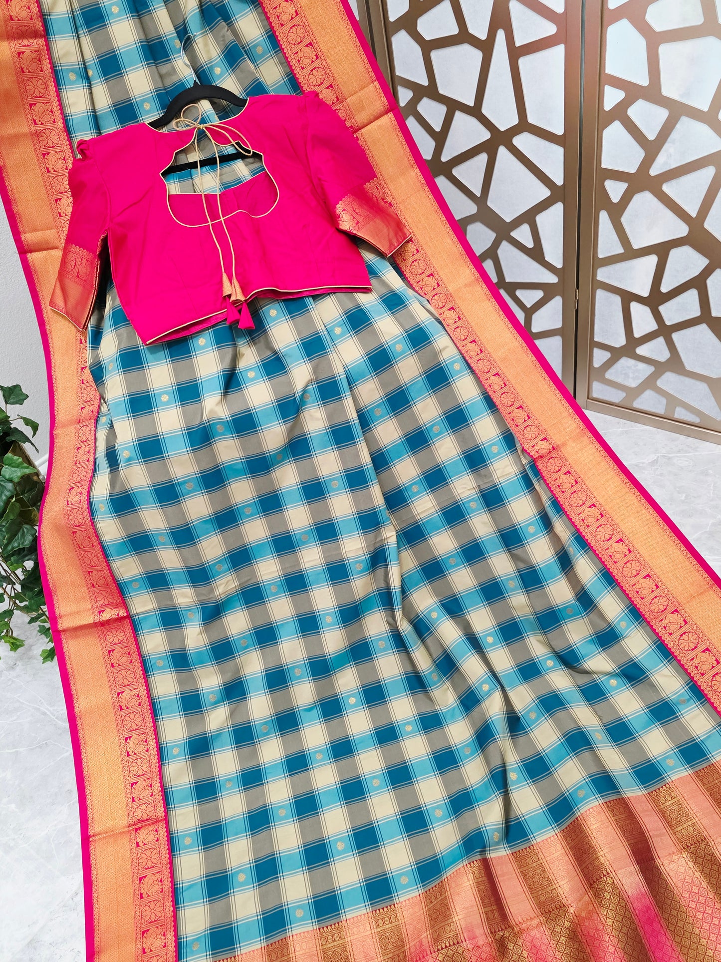 Teal Blue & Ivory Madrasi Checks Semi Kanchi Soft Silk Saree with Rani Pink Borders, Gold Pallu & Stitched Blouse — Size 38, Extendable to 44