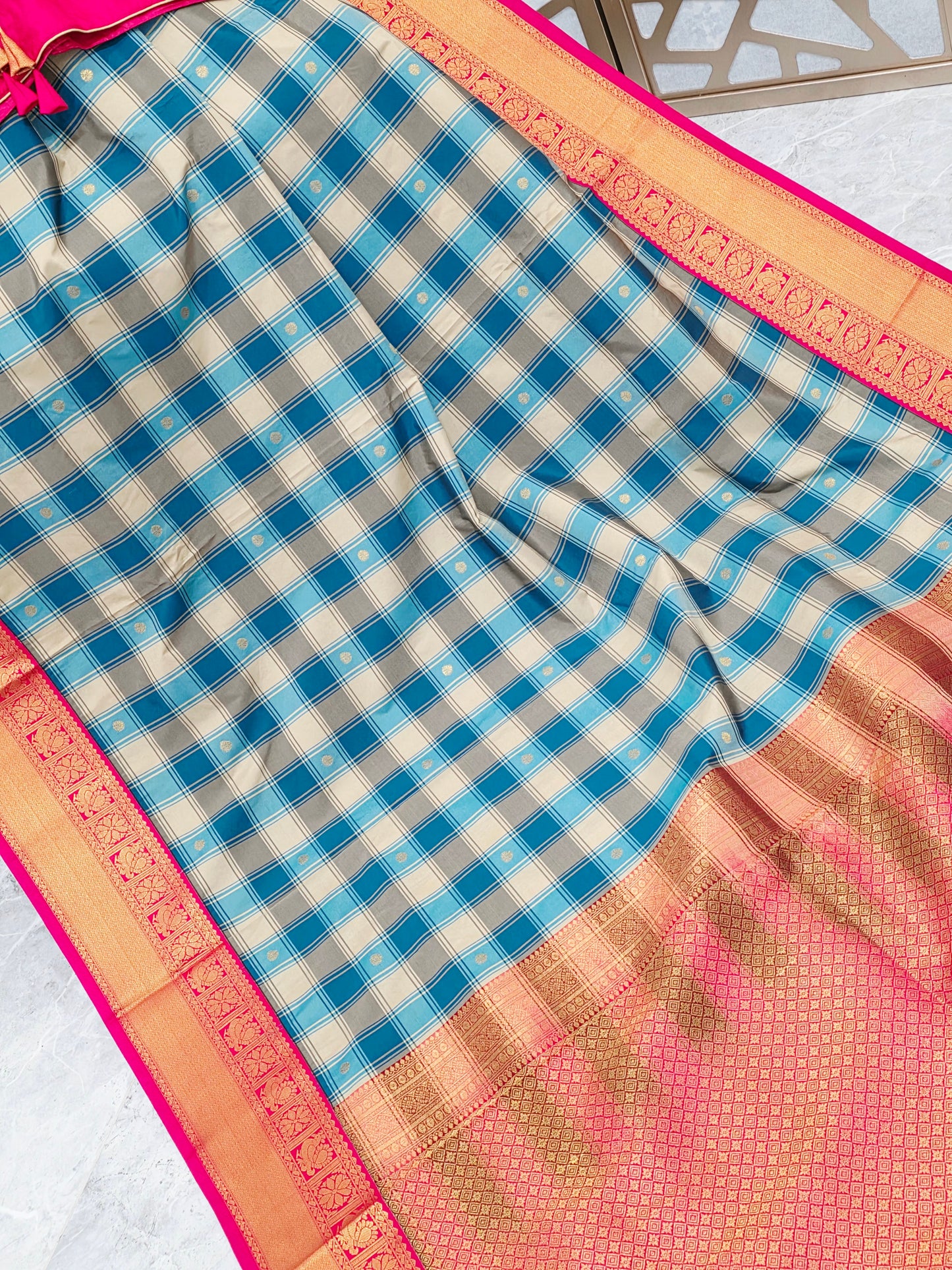 Teal Blue & Ivory Madrasi Checks Semi Kanchi Soft Silk Saree with Rani Pink Borders, Gold Pallu & Stitched Blouse — Size 38, Extendable to 44