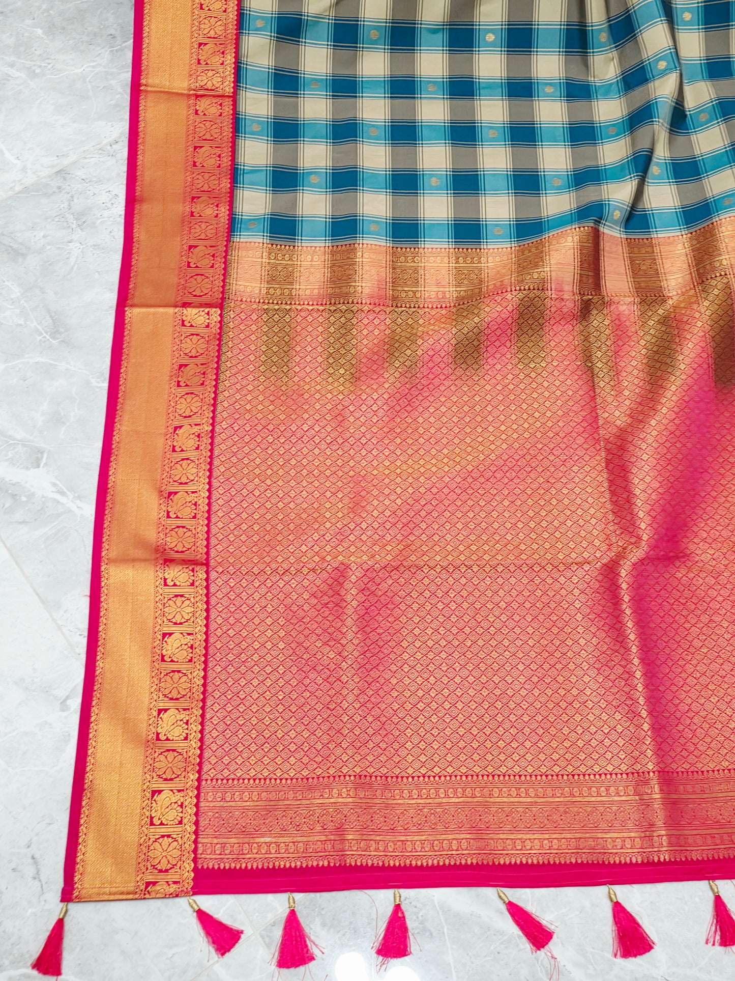 Teal Blue & Ivory Madrasi Checks Semi Kanchi Soft Silk Saree with Rani Pink Borders, Gold Pallu & Stitched Blouse — Size 38, Extendable to 44