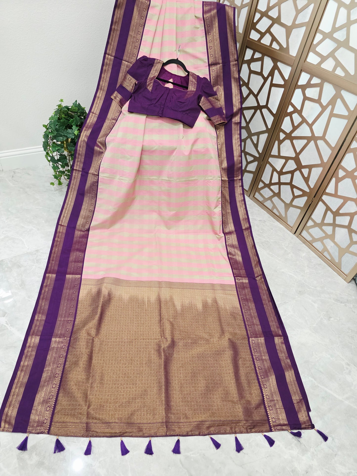 Blush Pink & Sage Green Madrasi Checks Semi Kanchi Soft Silk Saree with Royal Purple Borders, Antique Gold Pallu & Stitched Blouse — Size 36, Extendable to 42