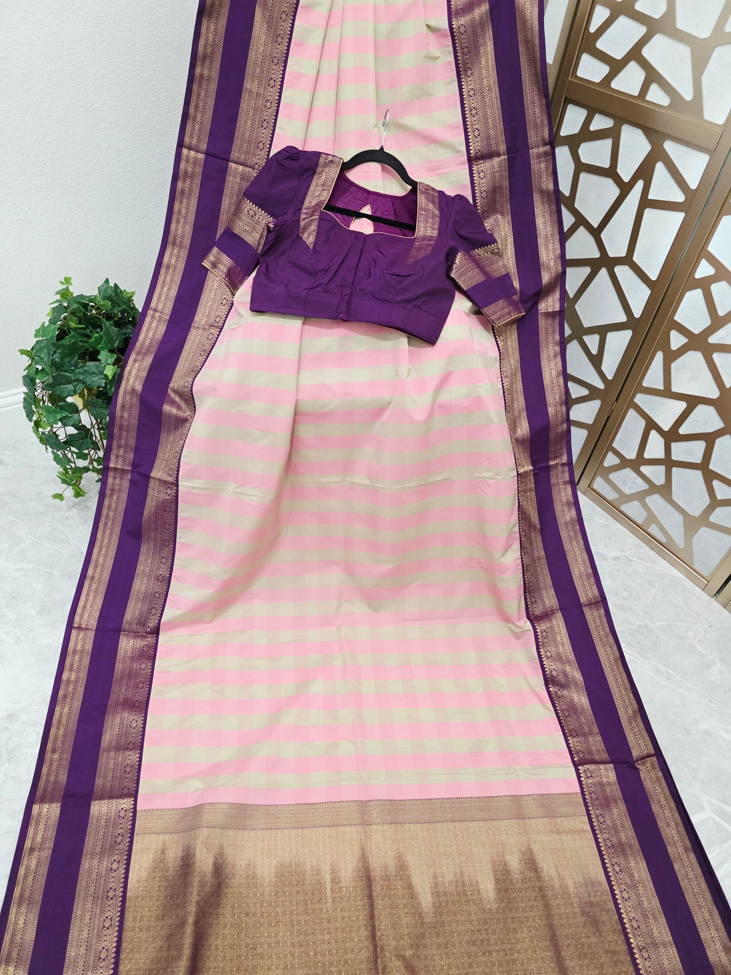Blush Pink & Sage Green Madrasi Checks Semi Kanchi Soft Silk Saree with Royal Purple Borders, Antique Gold Pallu & Stitched Blouse — Size 36, Extendable to 42
