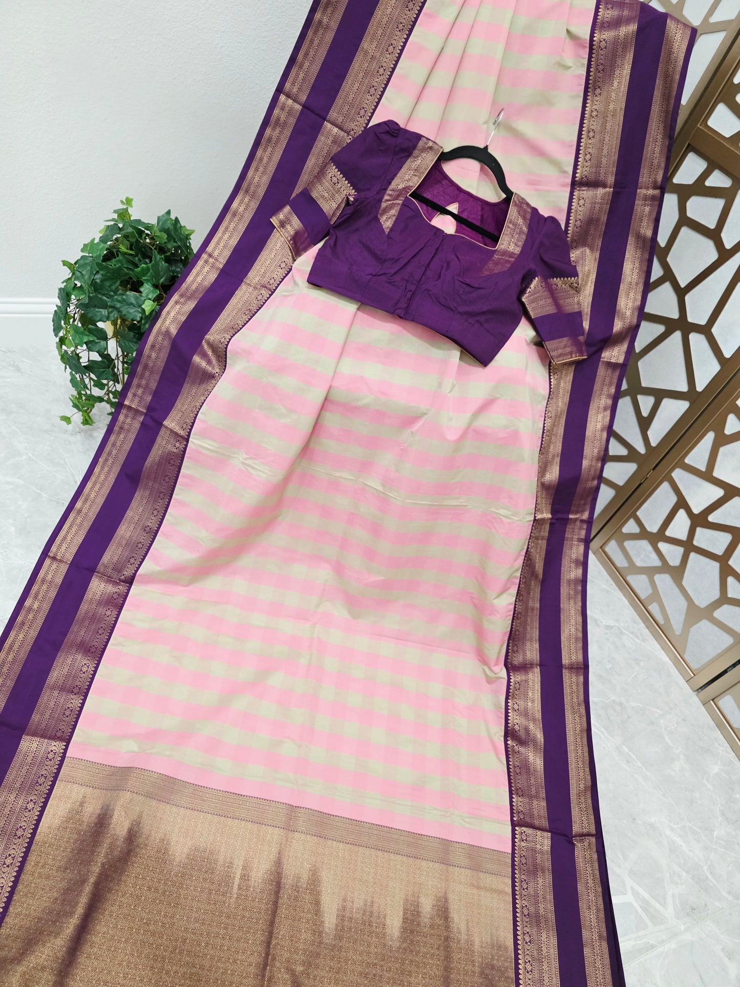Blush Pink & Sage Green Madrasi Checks Semi Kanchi Soft Silk Saree with Royal Purple Borders, Antique Gold Pallu & Stitched Blouse — Size 36, Extendable to 42