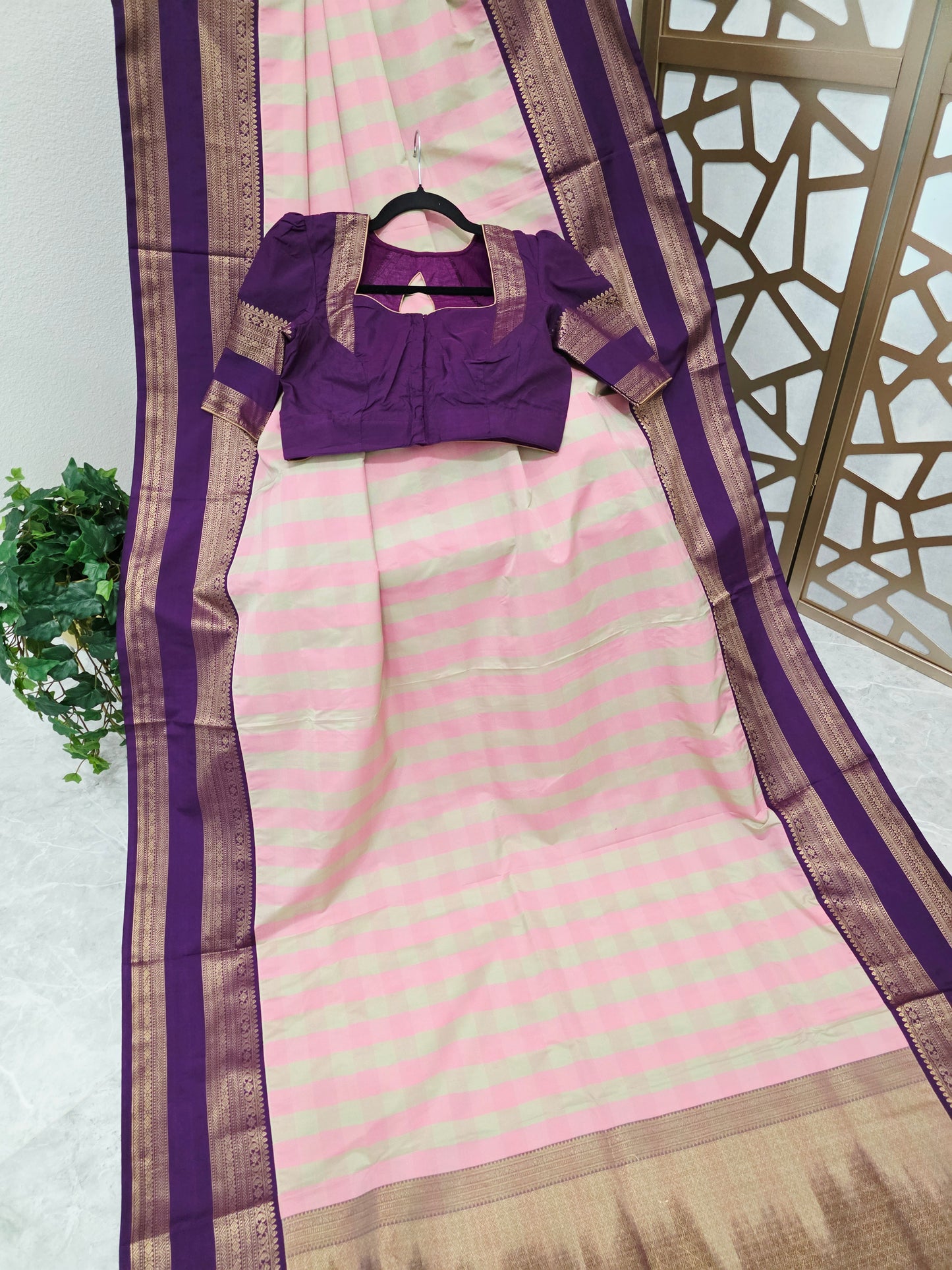 Blush Pink & Sage Green Madrasi Checks Semi Kanchi Soft Silk Saree with Royal Purple Borders, Antique Gold Pallu & Stitched Blouse — Size 36, Extendable to 42