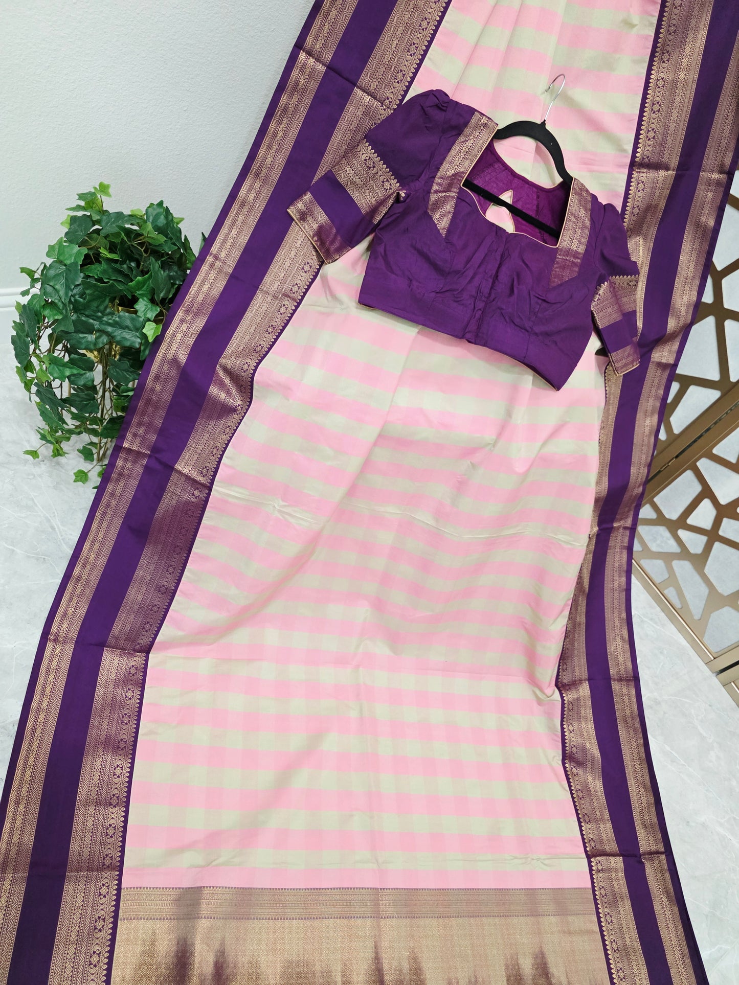 Blush Pink & Sage Green Madrasi Checks Semi Kanchi Soft Silk Saree with Royal Purple Borders, Antique Gold Pallu & Stitched Blouse — Size 36, Extendable to 42