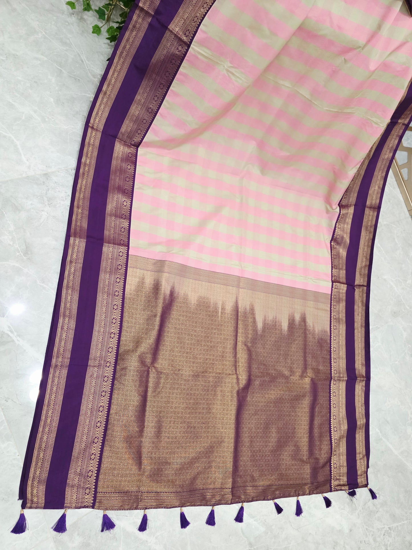 Blush Pink & Sage Green Madrasi Checks Semi Kanchi Soft Silk Saree with Royal Purple Borders, Antique Gold Pallu & Stitched Blouse — Size 36, Extendable to 42