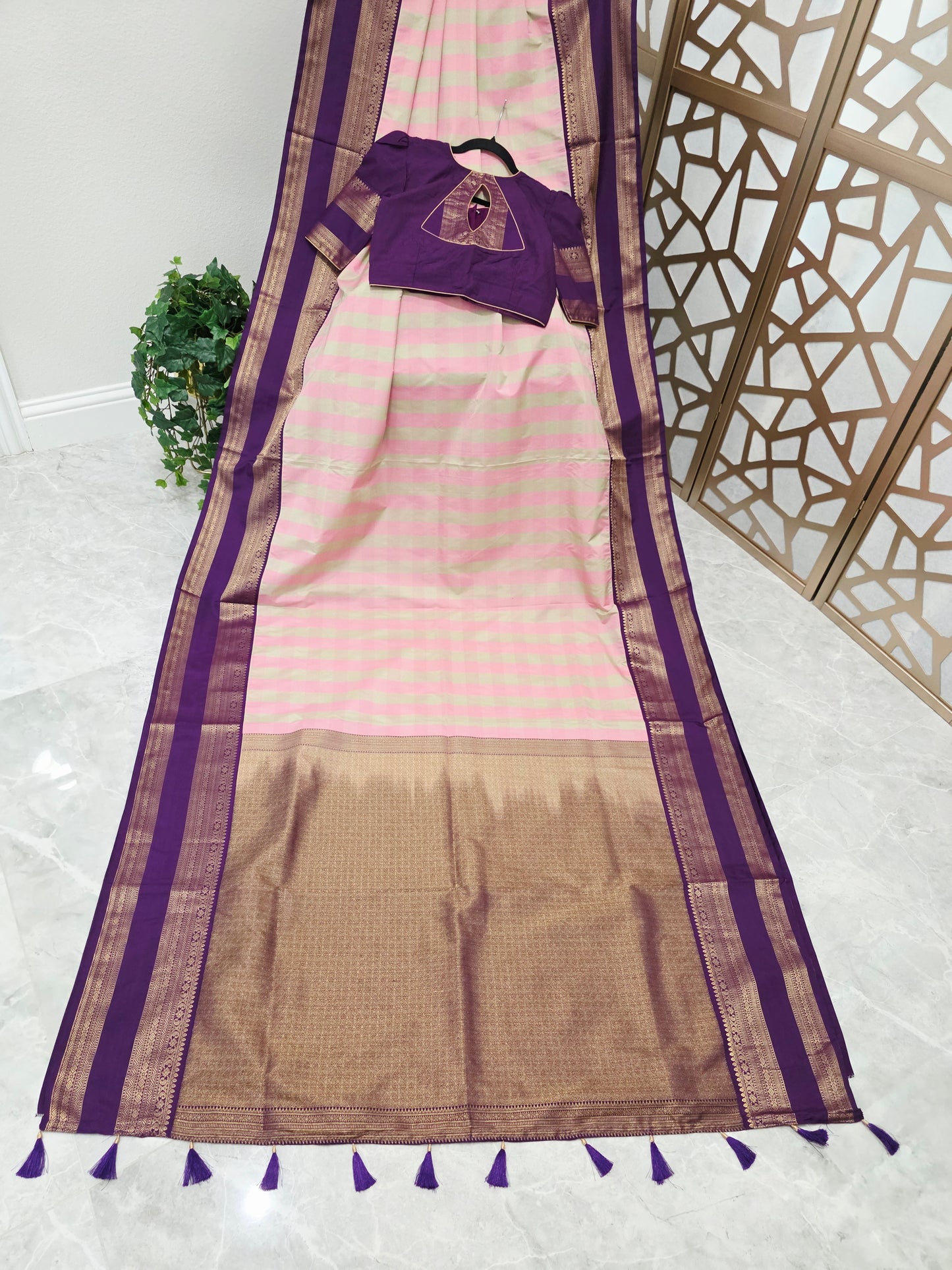 Blush Pink & Sage Green Madrasi Checks Semi Kanchi Soft Silk Saree with Royal Purple Borders, Antique Gold Pallu & Stitched Blouse — Size 36, Extendable to 42