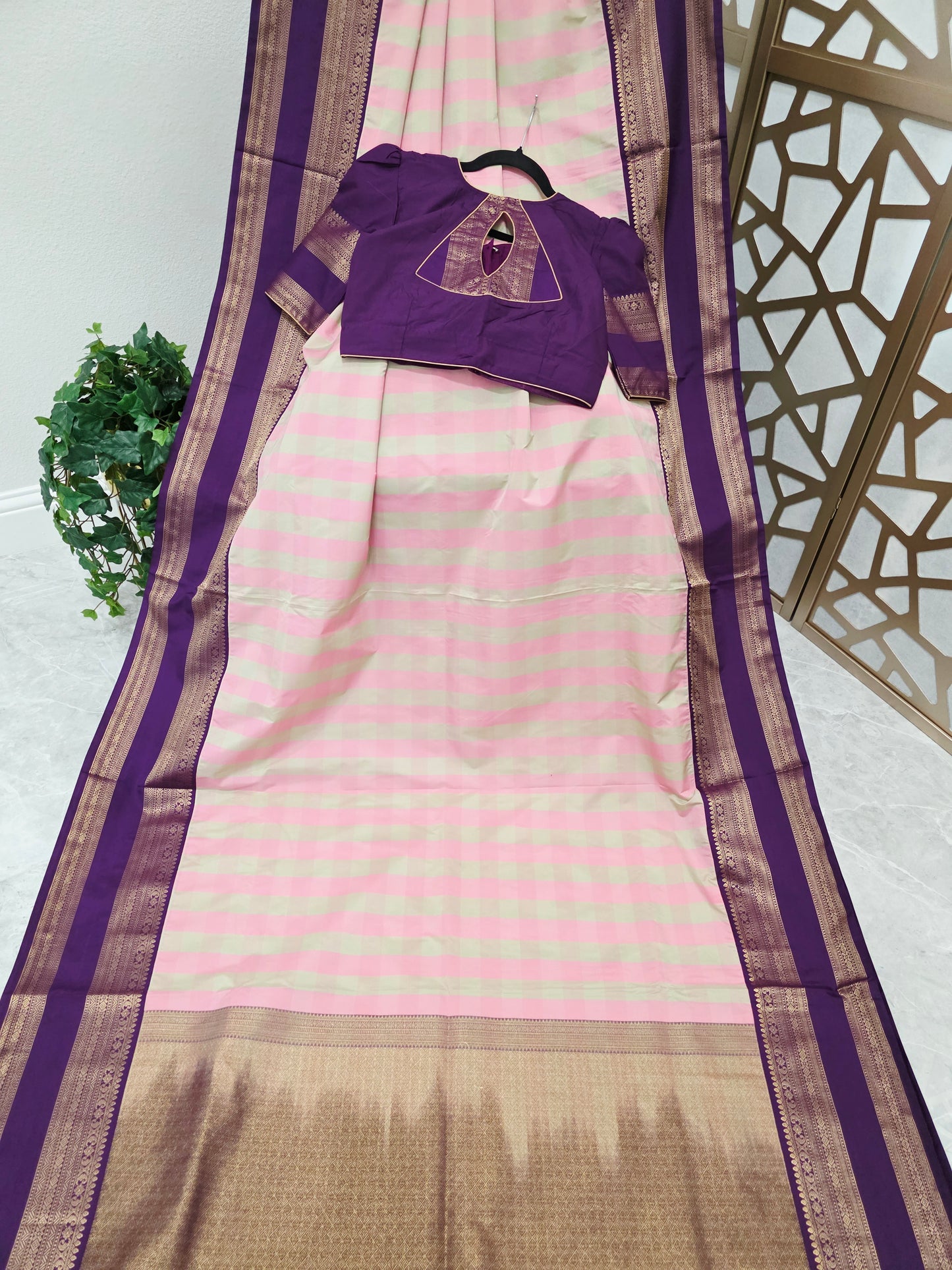 Blush Pink & Sage Green Madrasi Checks Semi Kanchi Soft Silk Saree with Royal Purple Borders, Antique Gold Pallu & Stitched Blouse — Size 36, Extendable to 42