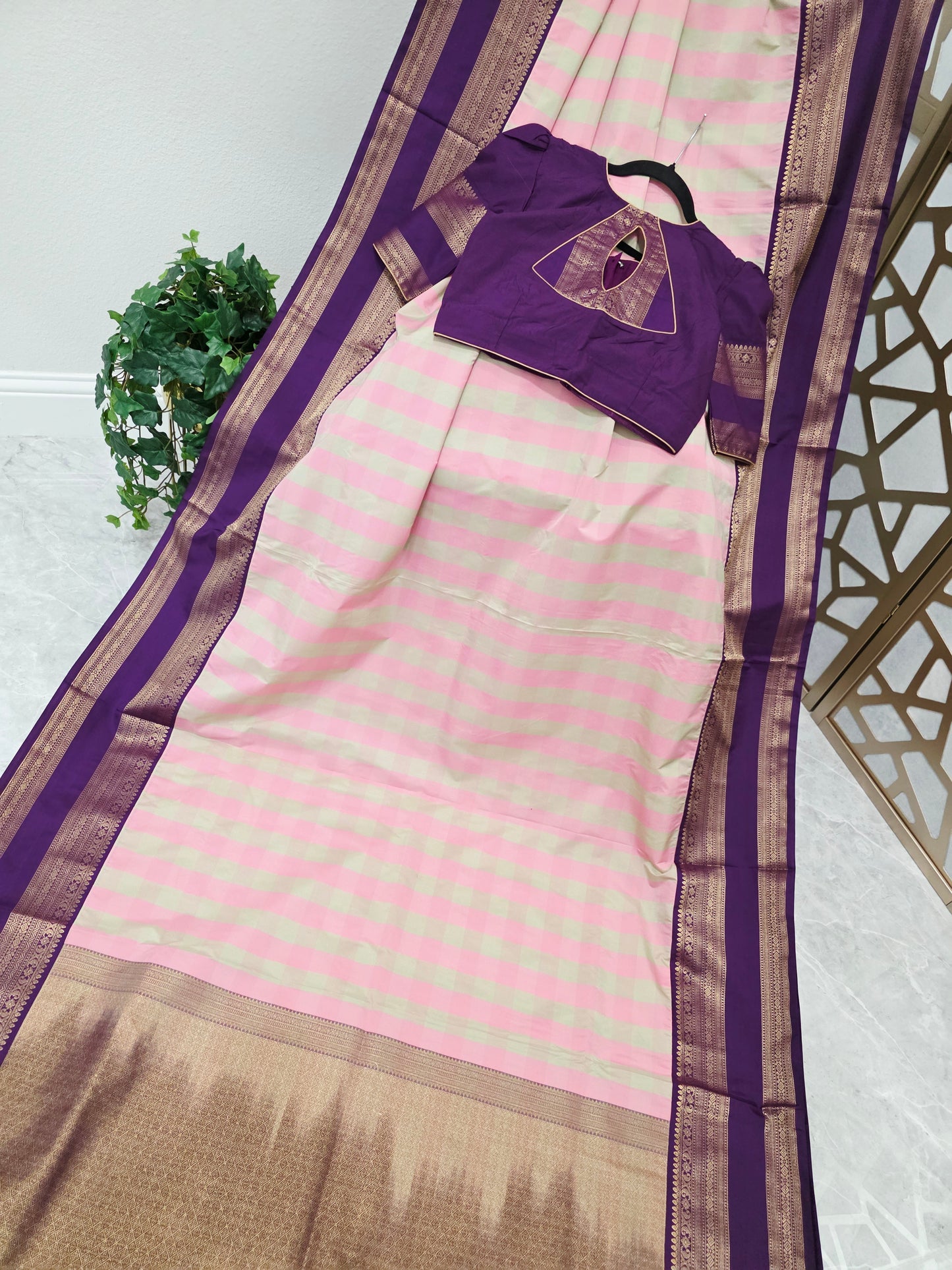 Blush Pink & Sage Green Madrasi Checks Semi Kanchi Soft Silk Saree with Royal Purple Borders, Antique Gold Pallu & Stitched Blouse — Size 36, Extendable to 42