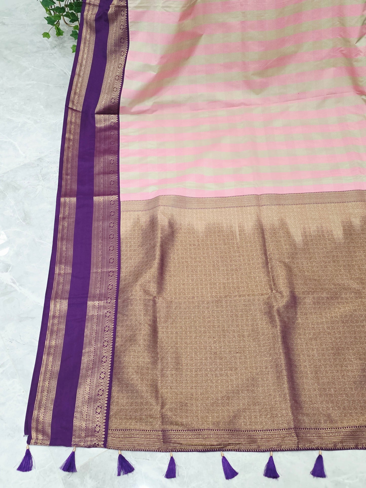 Blush Pink & Sage Green Madrasi Checks Semi Kanchi Soft Silk Saree with Royal Purple Borders, Antique Gold Pallu & Stitched Blouse — Size 36, Extendable to 42