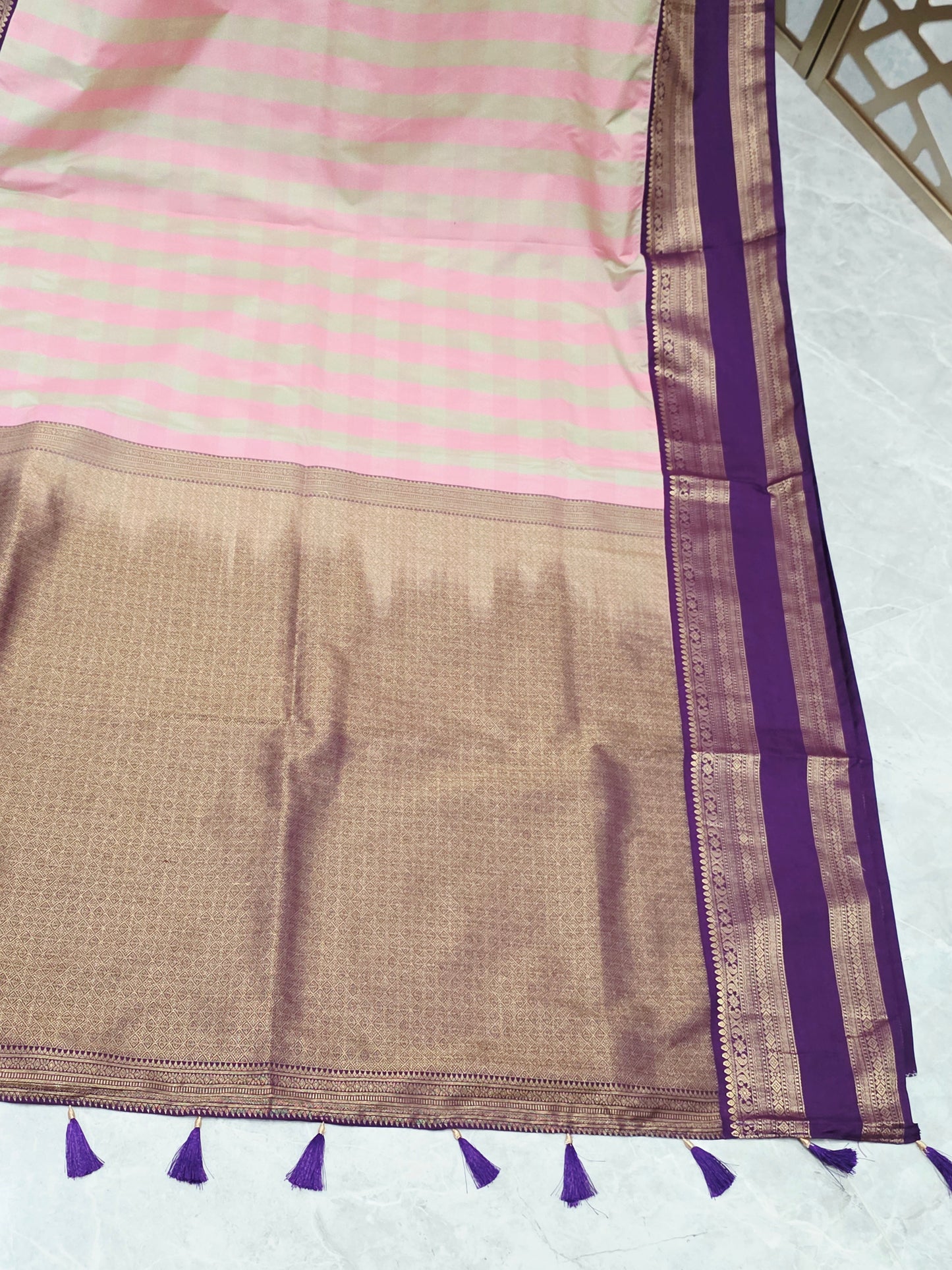 Blush Pink & Sage Green Madrasi Checks Semi Kanchi Soft Silk Saree with Royal Purple Borders, Antique Gold Pallu & Stitched Blouse — Size 36, Extendable to 42