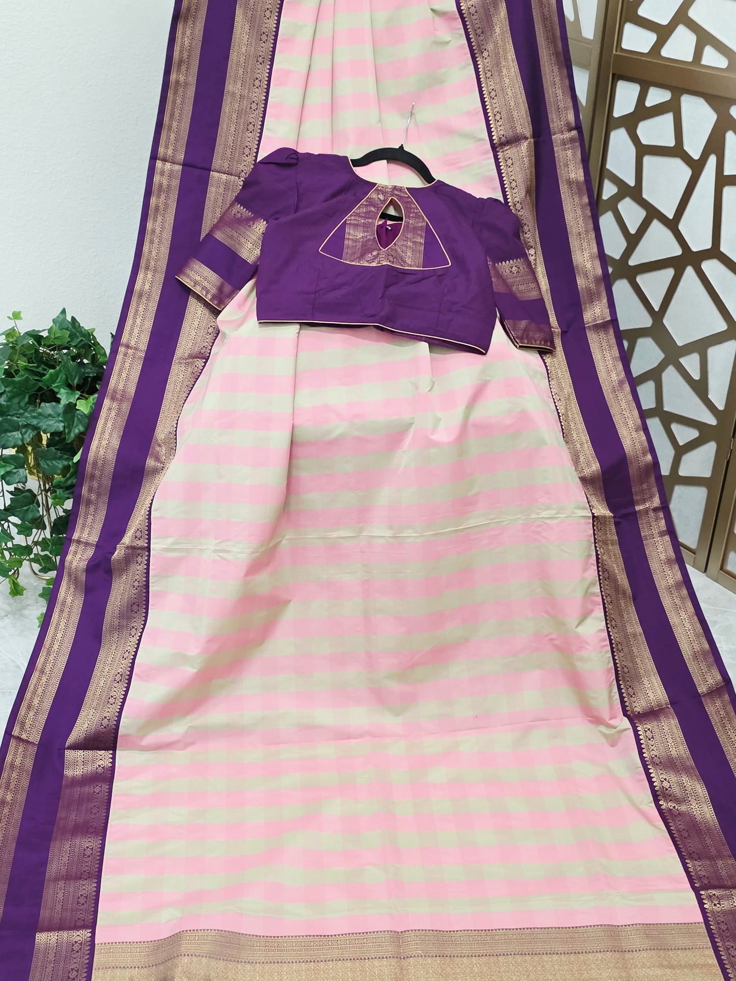 Blush Pink & Sage Green Madrasi Checks Semi Kanchi Soft Silk Saree with Royal Purple Borders, Antique Gold Pallu & Stitched Blouse — Size 36, Extendable to 42
