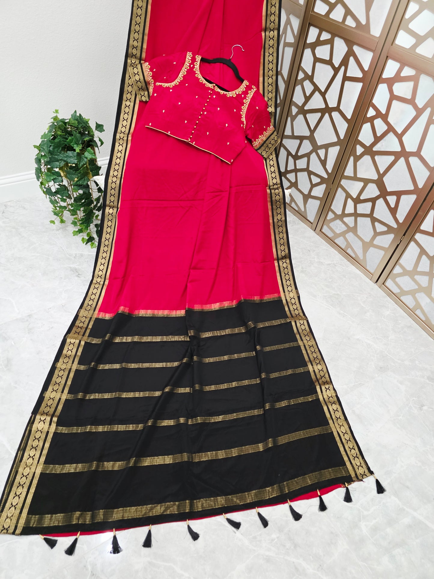 Crimson Red & Onyx Black Pure Mysore Crepe Silk Saree, 120 GSM — Rashmika Mandanna Inspired with Stitched Maggam Blouse, Size 36 Extendable to 42