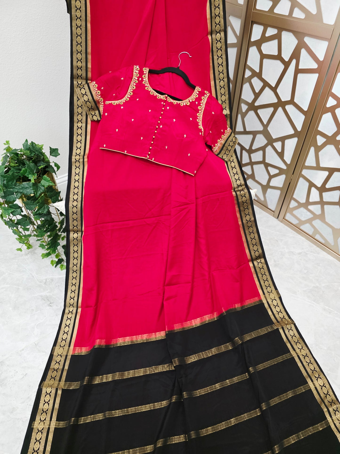 Crimson Red & Onyx Black Pure Mysore Crepe Silk Saree, 120 GSM — Rashmika Mandanna Inspired with Stitched Maggam Blouse, Size 36 Extendable to 42