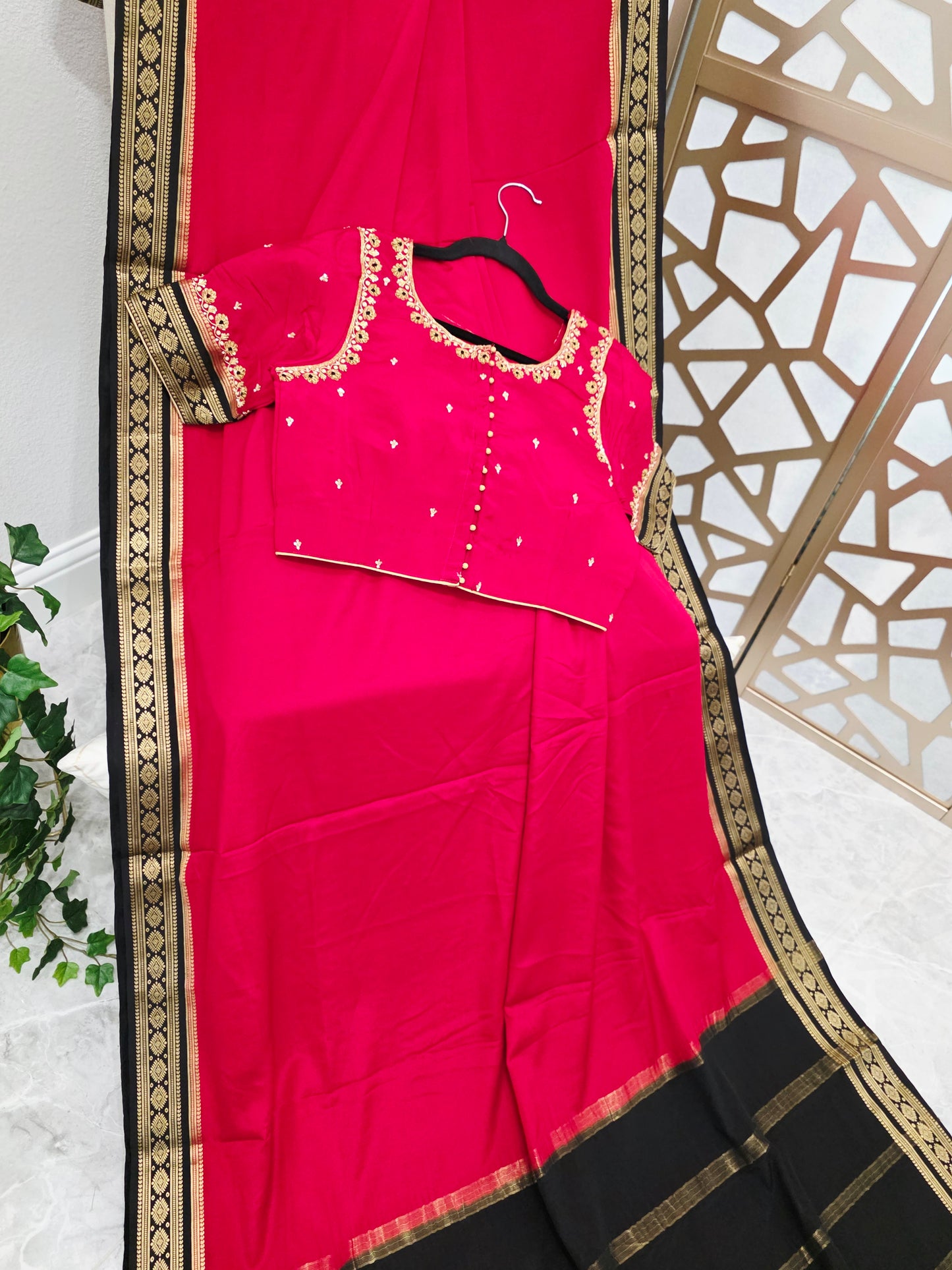 Crimson Red & Onyx Black Pure Mysore Crepe Silk Saree, 120 GSM — Rashmika Mandanna Inspired with Stitched Maggam Blouse, Size 36 Extendable to 42