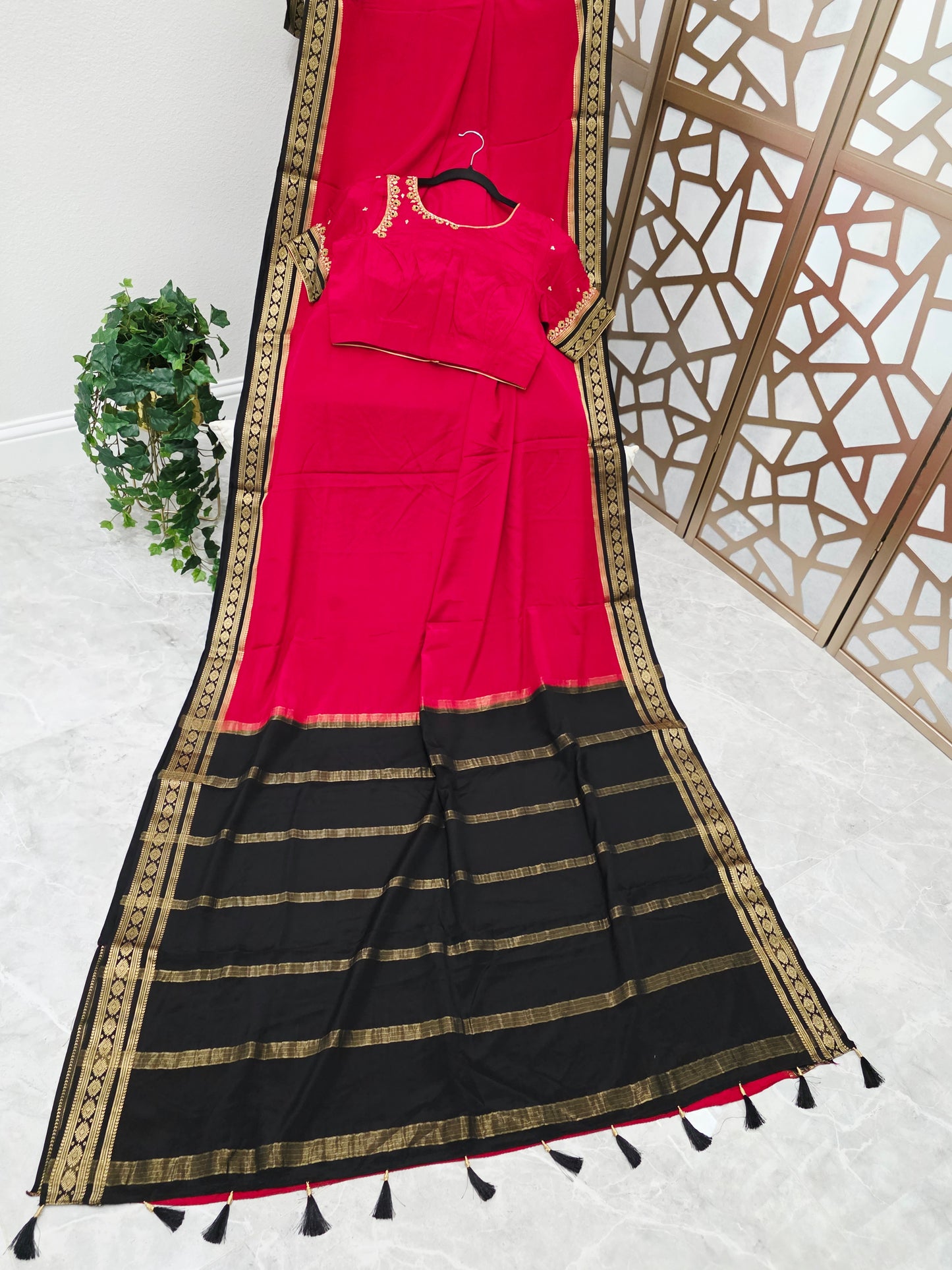 Crimson Red & Onyx Black Pure Mysore Crepe Silk Saree, 120 GSM — Rashmika Mandanna Inspired with Stitched Maggam Blouse, Size 36 Extendable to 42