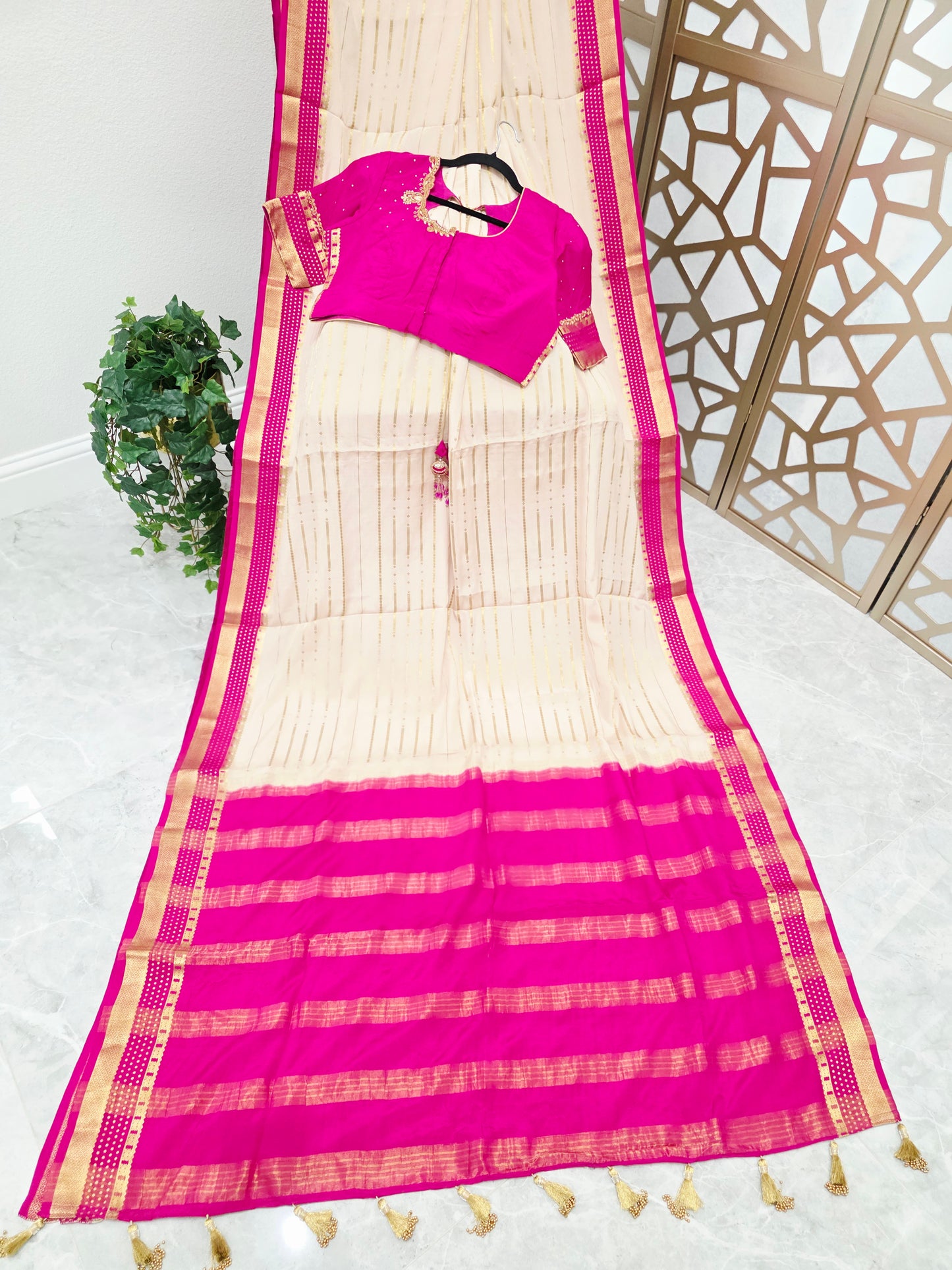 Ivory, Rani Pink & Gold Pure Mysore Crepe Silk Saree, 120 GSM, with Elegant Stripes & Stitched Maggam Blouse — Size 40, Extendable to 46
