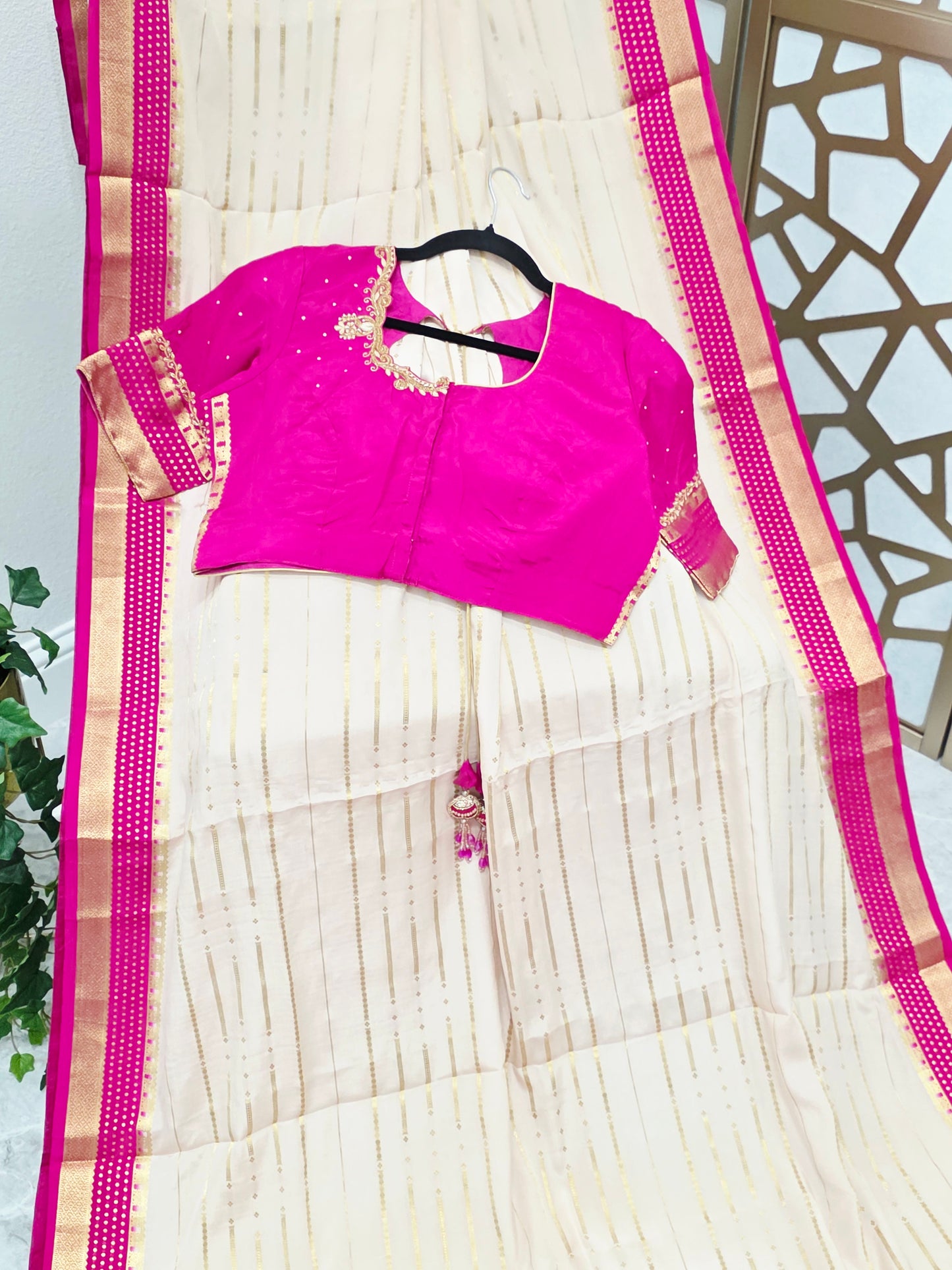 Ivory, Rani Pink & Gold Pure Mysore Crepe Silk Saree, 120 GSM, with Elegant Stripes & Stitched Maggam Blouse — Size 40, Extendable to 46