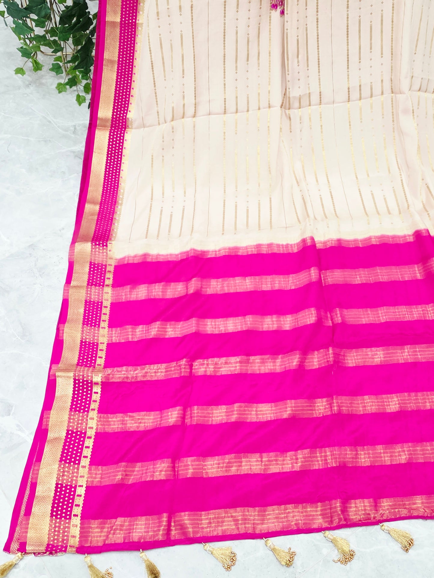 Ivory, Rani Pink & Gold Pure Mysore Crepe Silk Saree, 120 GSM, with Elegant Stripes & Stitched Maggam Blouse — Size 40, Extendable to 46