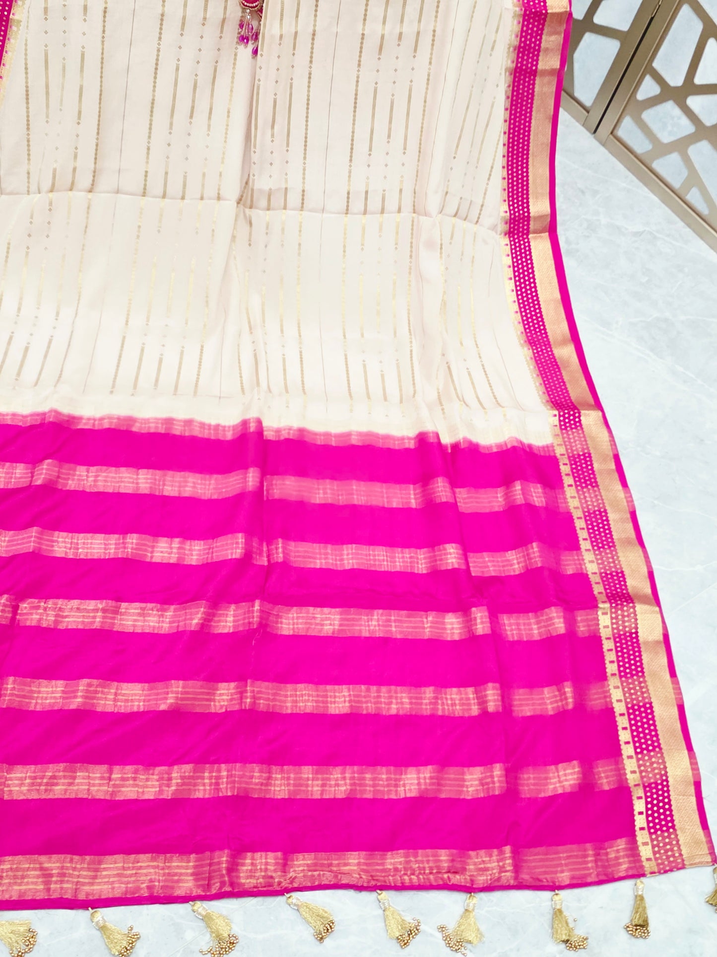 Ivory, Rani Pink & Gold Pure Mysore Crepe Silk Saree, 120 GSM, with Elegant Stripes & Stitched Maggam Blouse — Size 40, Extendable to 46