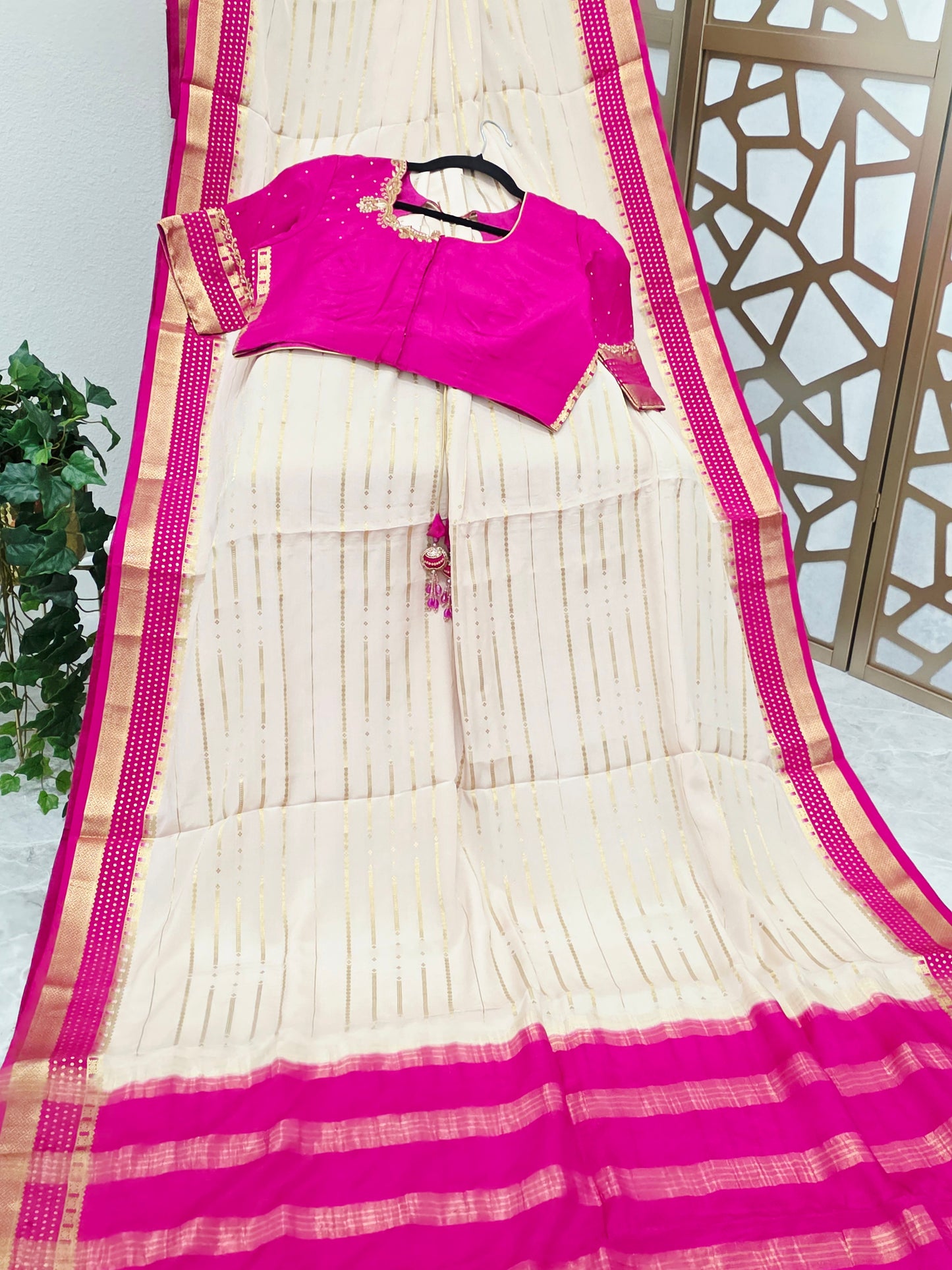 Ivory, Rani Pink & Gold Pure Mysore Crepe Silk Saree, 120 GSM, with Elegant Stripes & Stitched Maggam Blouse — Size 40, Extendable to 46