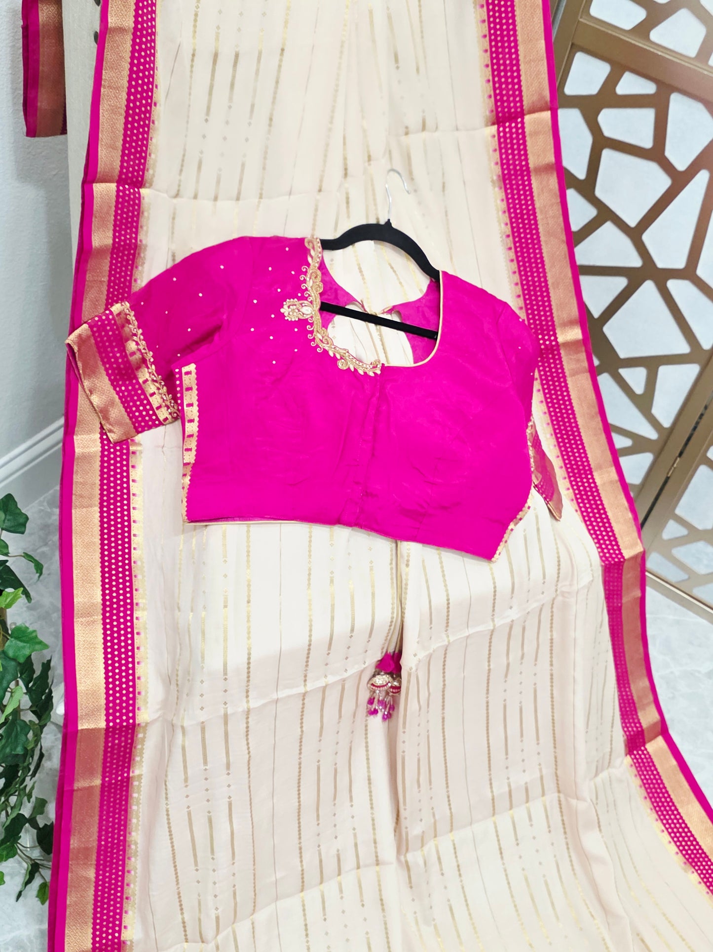 Ivory, Rani Pink & Gold Pure Mysore Crepe Silk Saree, 120 GSM, with Elegant Stripes & Stitched Maggam Blouse — Size 40, Extendable to 46