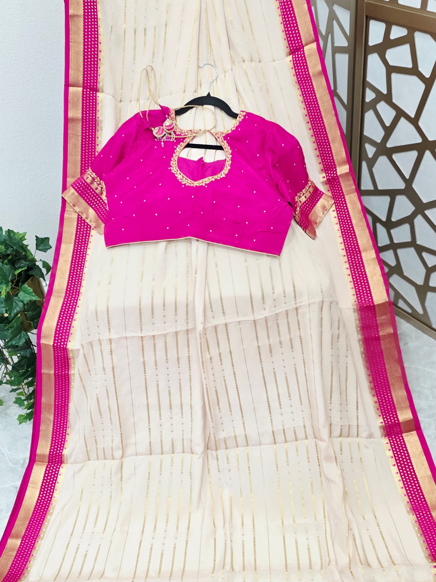 Ivory, Rani Pink & Gold Pure Mysore Crepe Silk Saree, 120 GSM, with Elegant Stripes & Stitched Maggam Blouse — Size 40, Extendable to 46