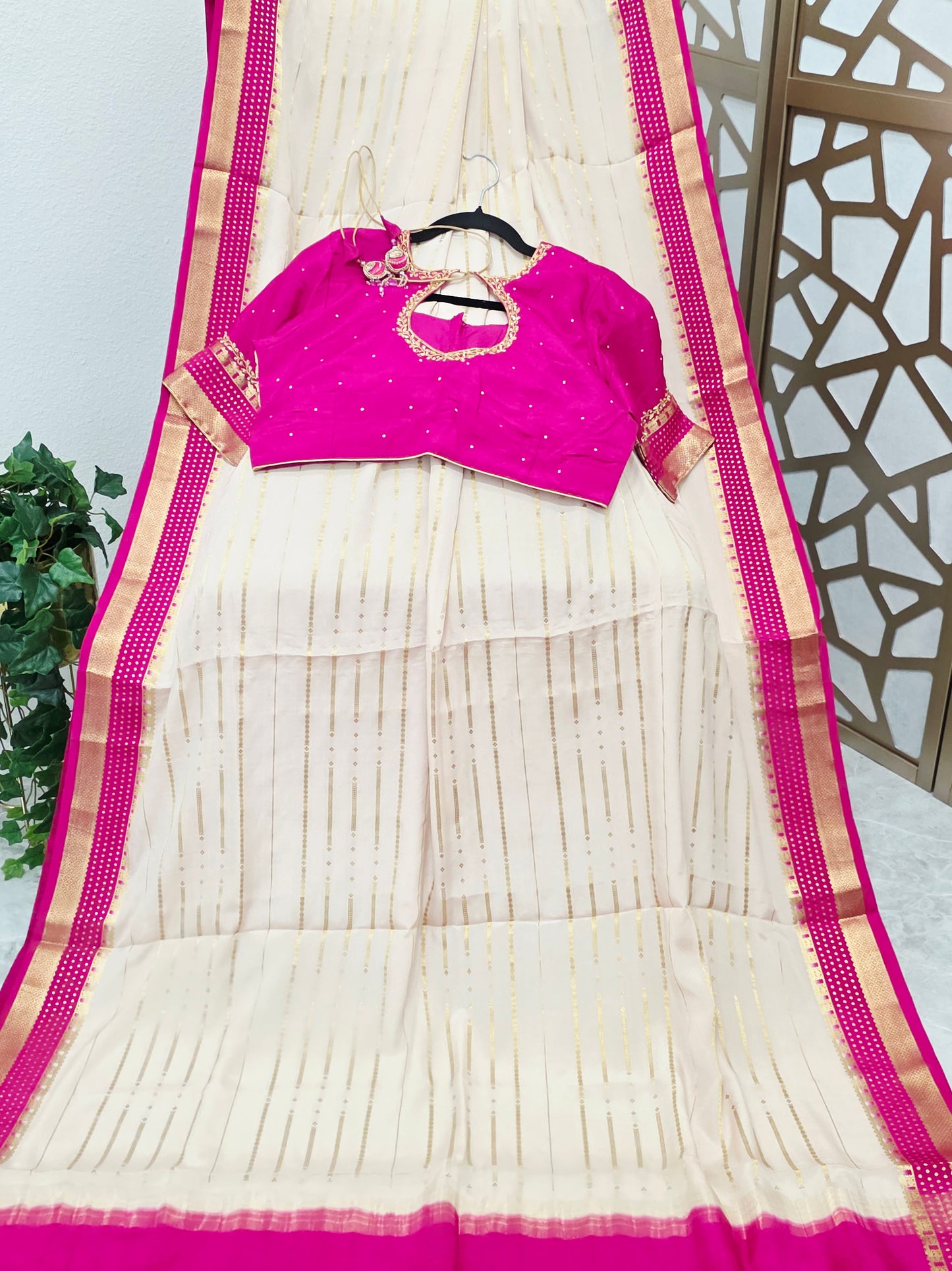 Ivory, Rani Pink & Gold Pure Mysore Crepe Silk Saree, 120 GSM, with Elegant Stripes & Stitched Maggam Blouse — Size 40, Extendable to 46