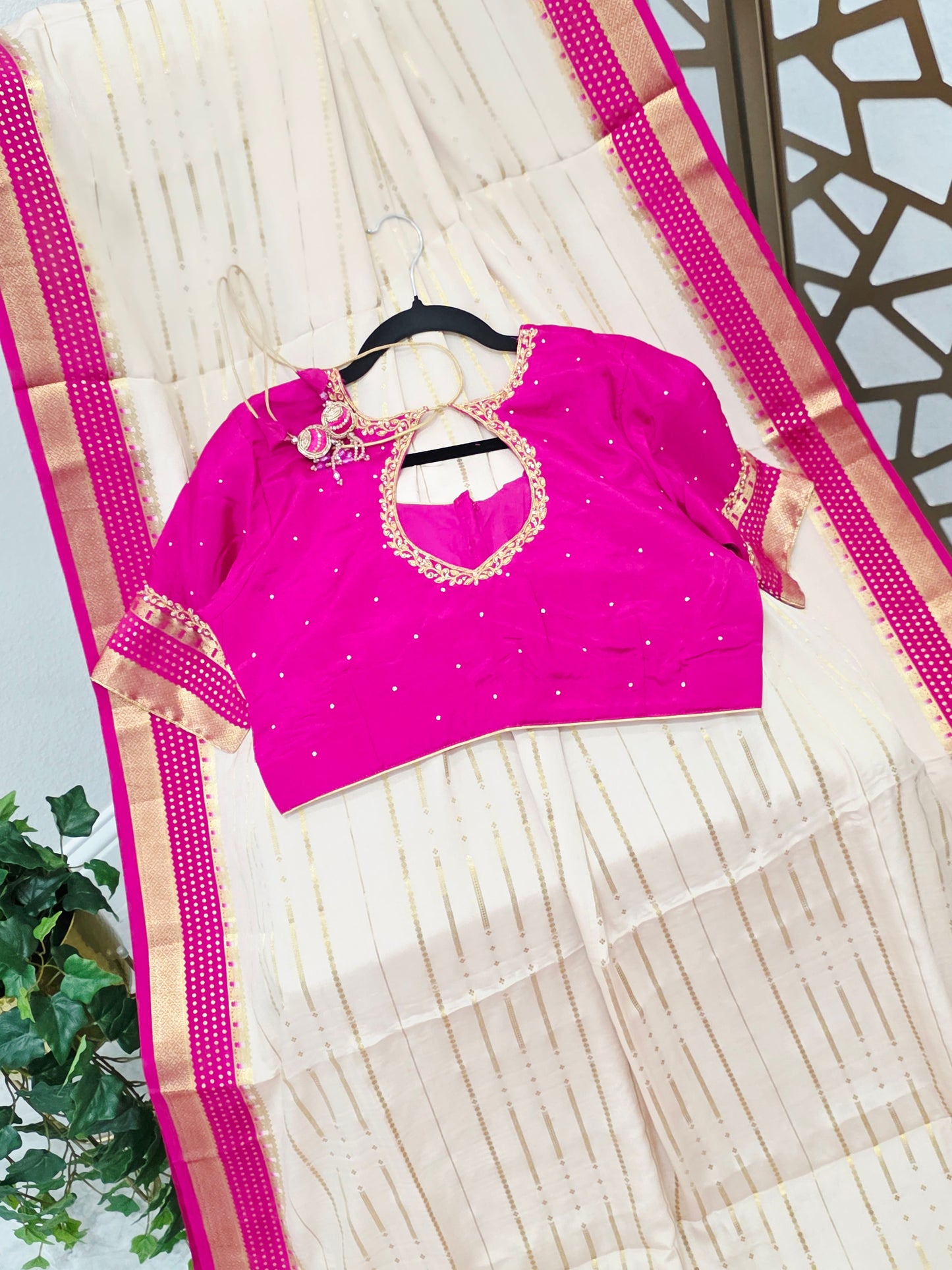 Ivory, Rani Pink & Gold Pure Mysore Crepe Silk Saree, 120 GSM, with Elegant Stripes & Stitched Maggam Blouse — Size 40, Extendable to 46