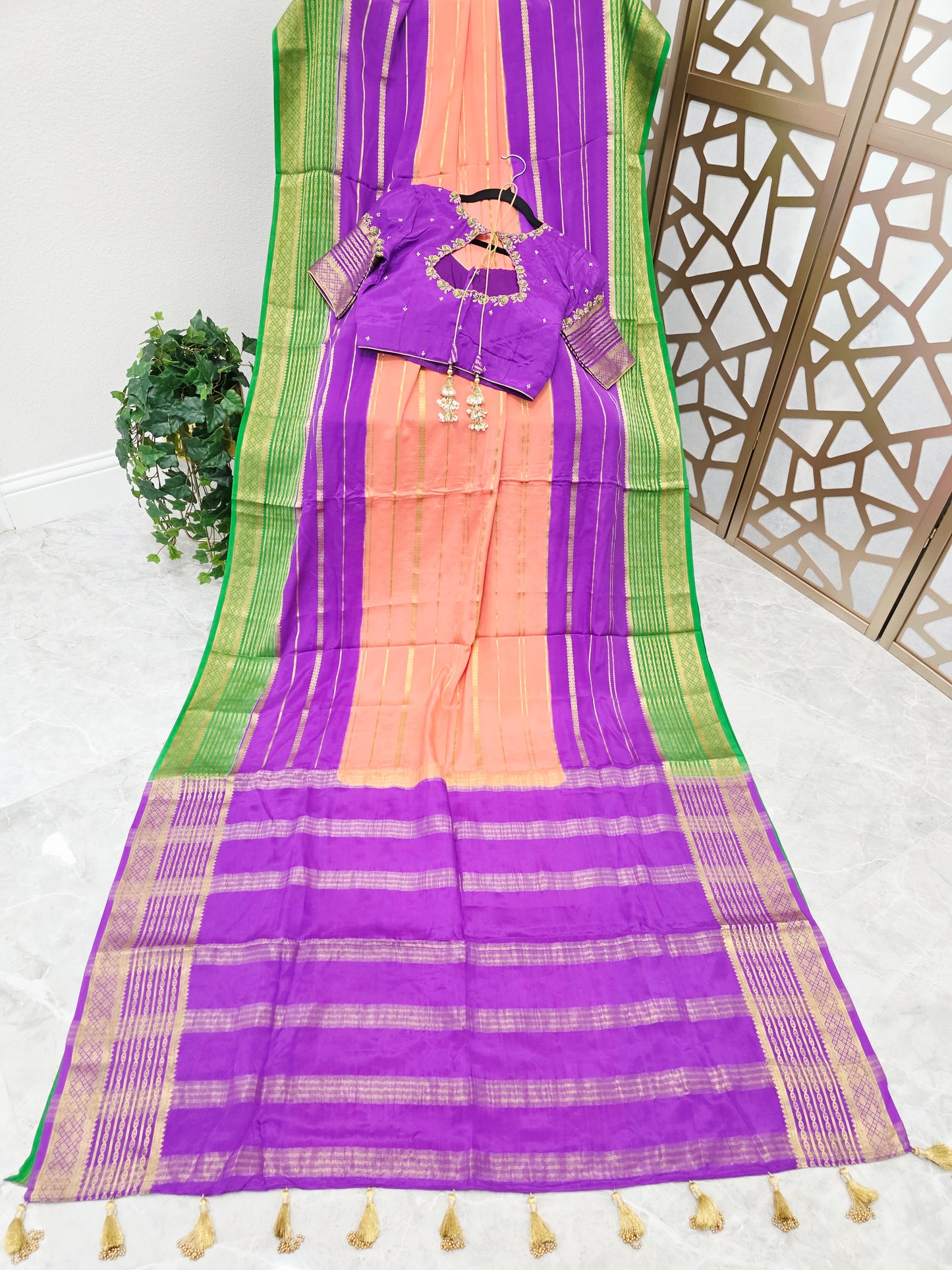 Peach Pink, Royal Violet Purple & Emerald Green Pure Mysore Crepe Silk Saree, 120 GSM, with Gold Stripes & Stitched Maggam Blouse — Size 34, Extendable to 40