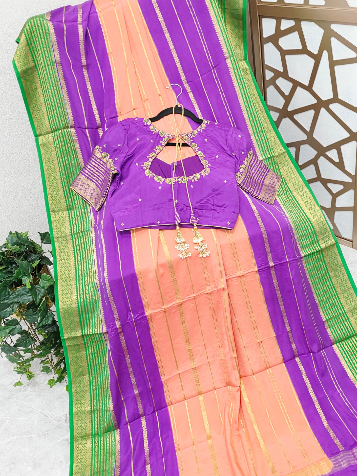 Peach Pink, Royal Violet Purple & Emerald Green Pure Mysore Crepe Silk Saree, 120 GSM, with Gold Stripes & Stitched Maggam Blouse — Size 34, Extendable to 40
