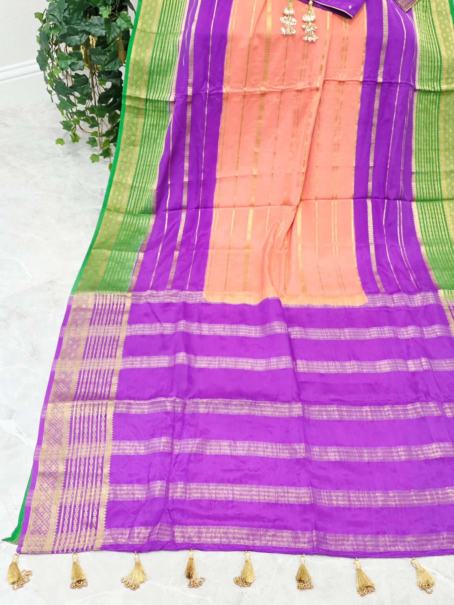 Peach Pink, Royal Violet Purple & Emerald Green Pure Mysore Crepe Silk Saree, 120 GSM, with Gold Stripes & Stitched Maggam Blouse — Size 34, Extendable to 40