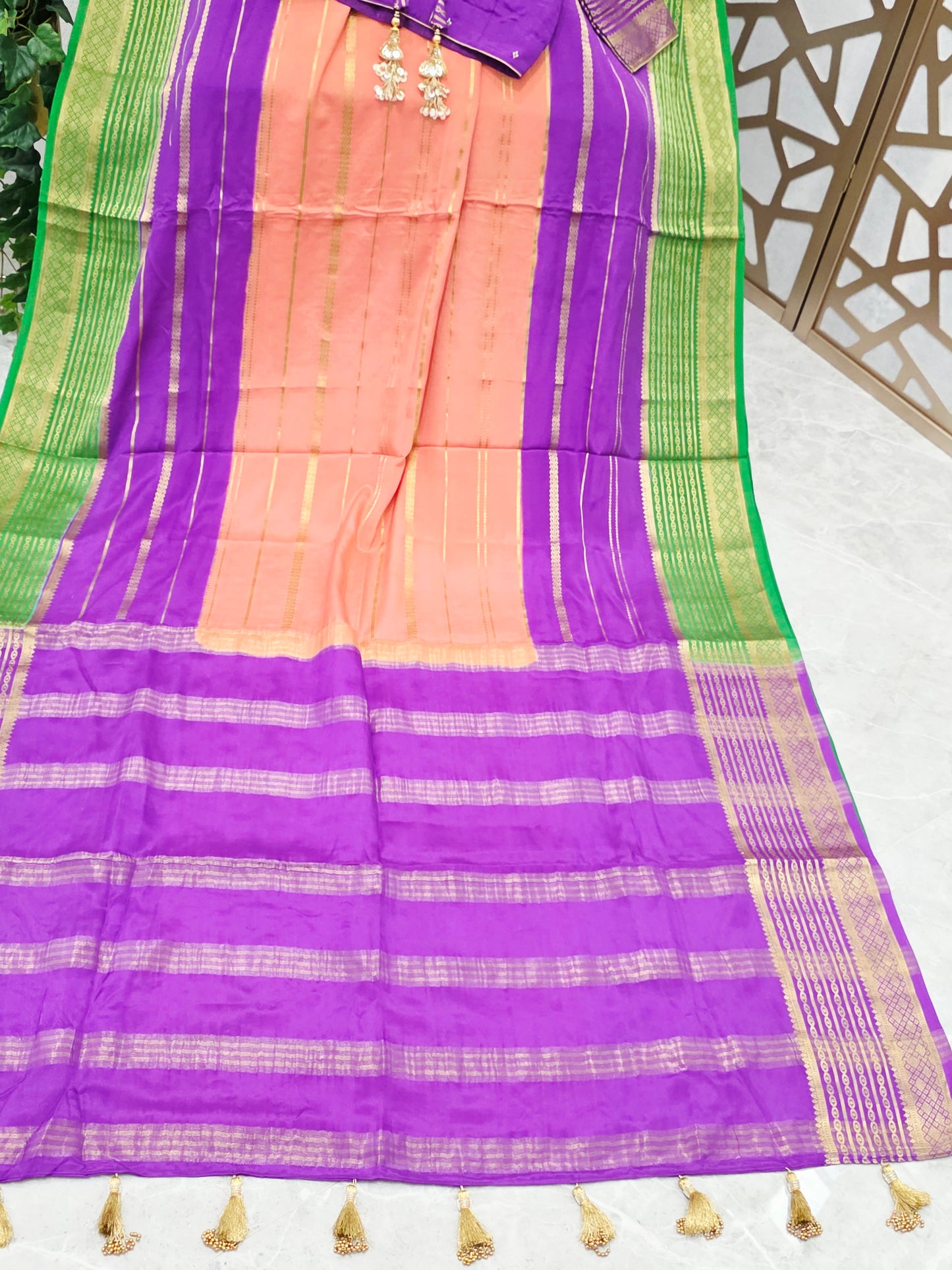 Peach Pink, Royal Violet Purple & Emerald Green Pure Mysore Crepe Silk Saree, 120 GSM, with Gold Stripes & Stitched Maggam Blouse — Size 34, Extendable to 40
