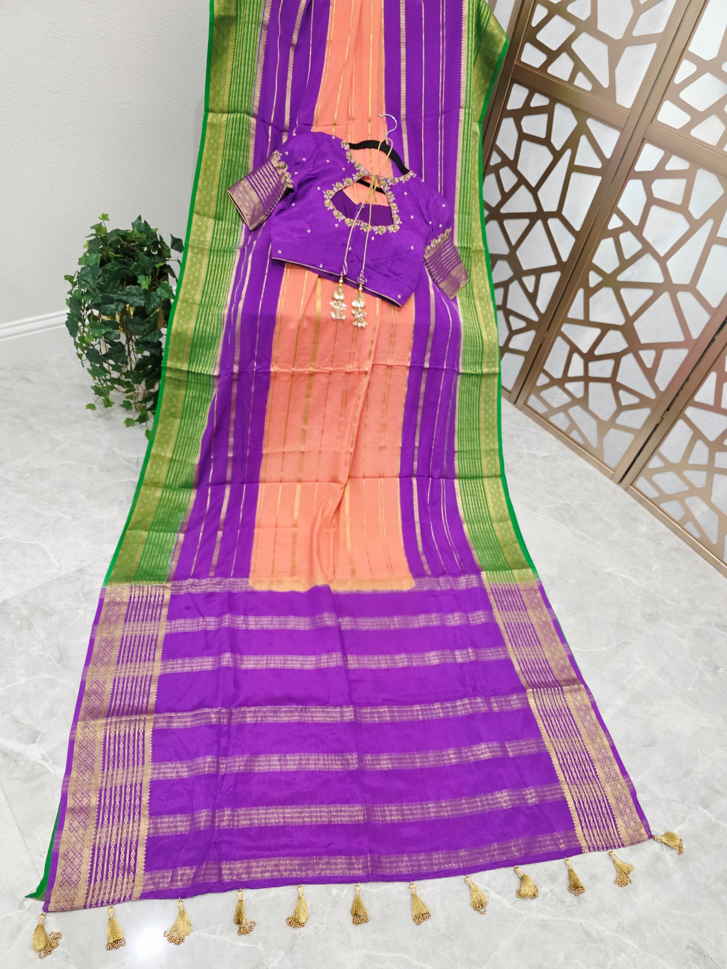 Peach Pink, Royal Violet Purple & Emerald Green Pure Mysore Crepe Silk Saree, 120 GSM, with Gold Stripes & Stitched Maggam Blouse — Size 34, Extendable to 40