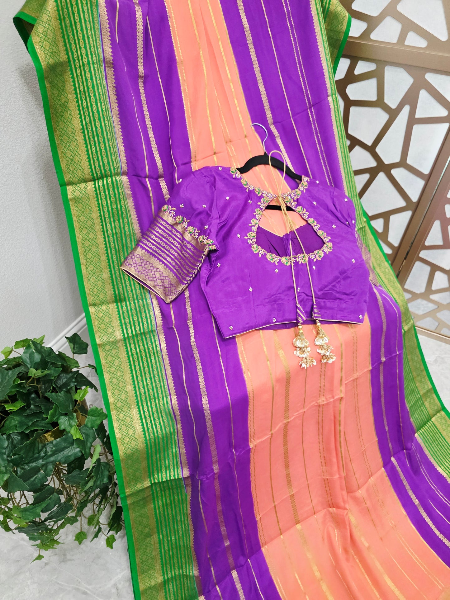 Peach Pink, Royal Violet Purple & Emerald Green Pure Mysore Crepe Silk Saree, 120 GSM, with Gold Stripes & Stitched Maggam Blouse — Size 34, Extendable to 40