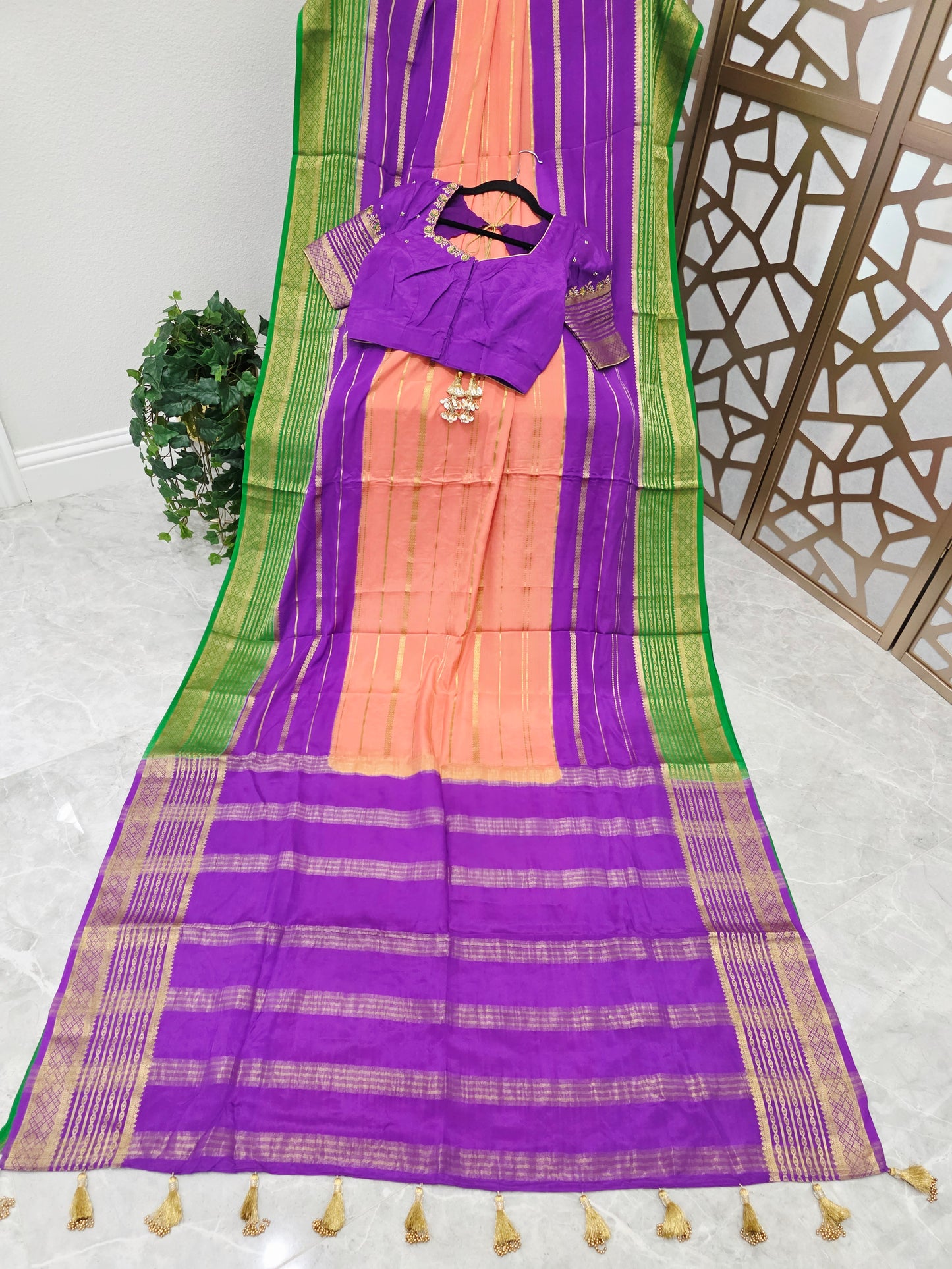 Peach Pink, Royal Violet Purple & Emerald Green Pure Mysore Crepe Silk Saree, 120 GSM, with Gold Stripes & Stitched Maggam Blouse — Size 34, Extendable to 40