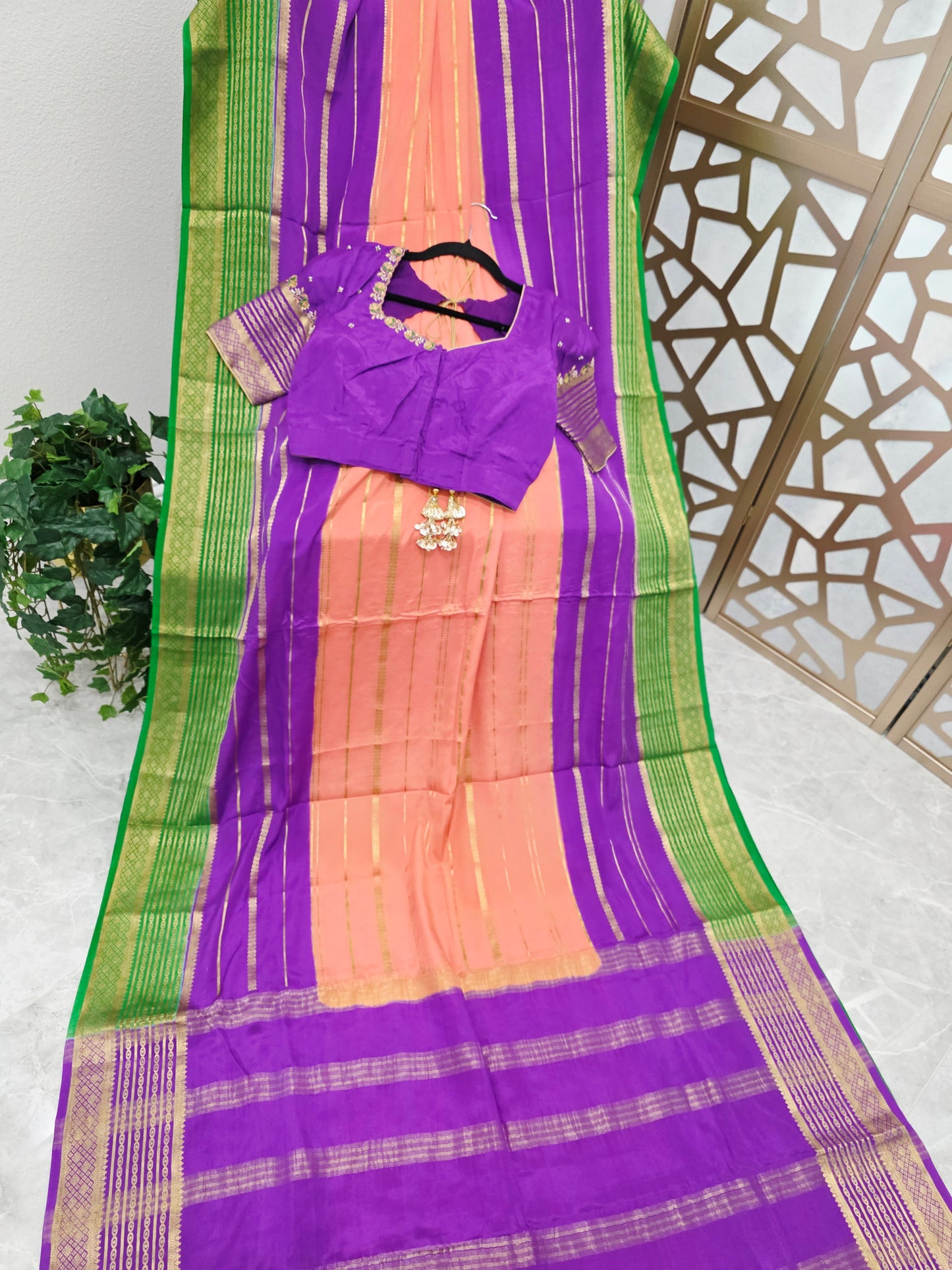 Peach Pink, Royal Violet Purple & Emerald Green Pure Mysore Crepe Silk Saree, 120 GSM, with Gold Stripes & Stitched Maggam Blouse — Size 34, Extendable to 40