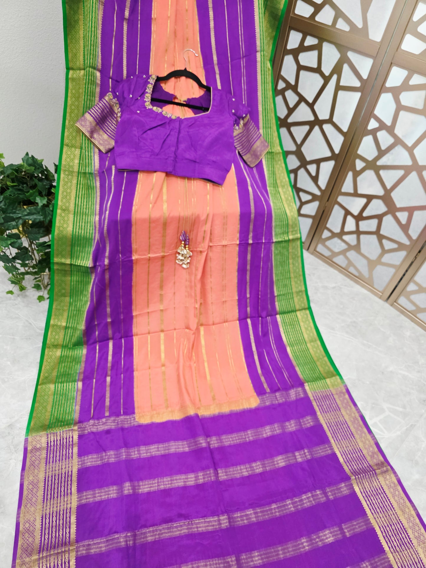 Peach Pink, Royal Violet Purple & Emerald Green Pure Mysore Crepe Silk Saree, 120 GSM, with Gold Stripes & Stitched Maggam Blouse — Size 34, Extendable to 40