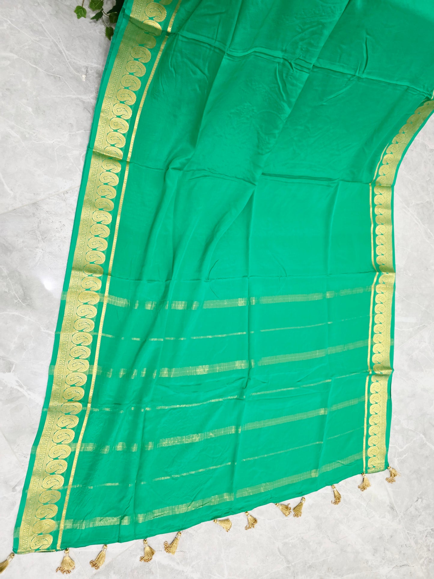 Emerald Green Pure Mysore Crepe Silk Saree, 130 GSM, with Gold Mango Butta Border & Matching Stitched Maggam Blouse — Size 36, Extendable to 42
