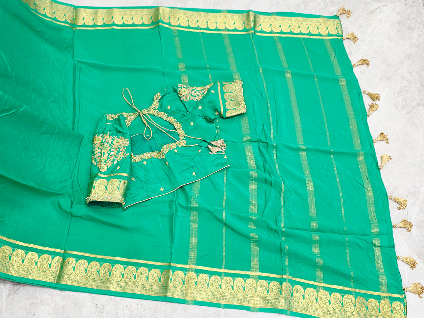 Emerald Green Pure Mysore Crepe Silk Saree, 130 GSM, with Gold Mango Butta Border & Matching Stitched Maggam Blouse — Size 36, Extendable to 42