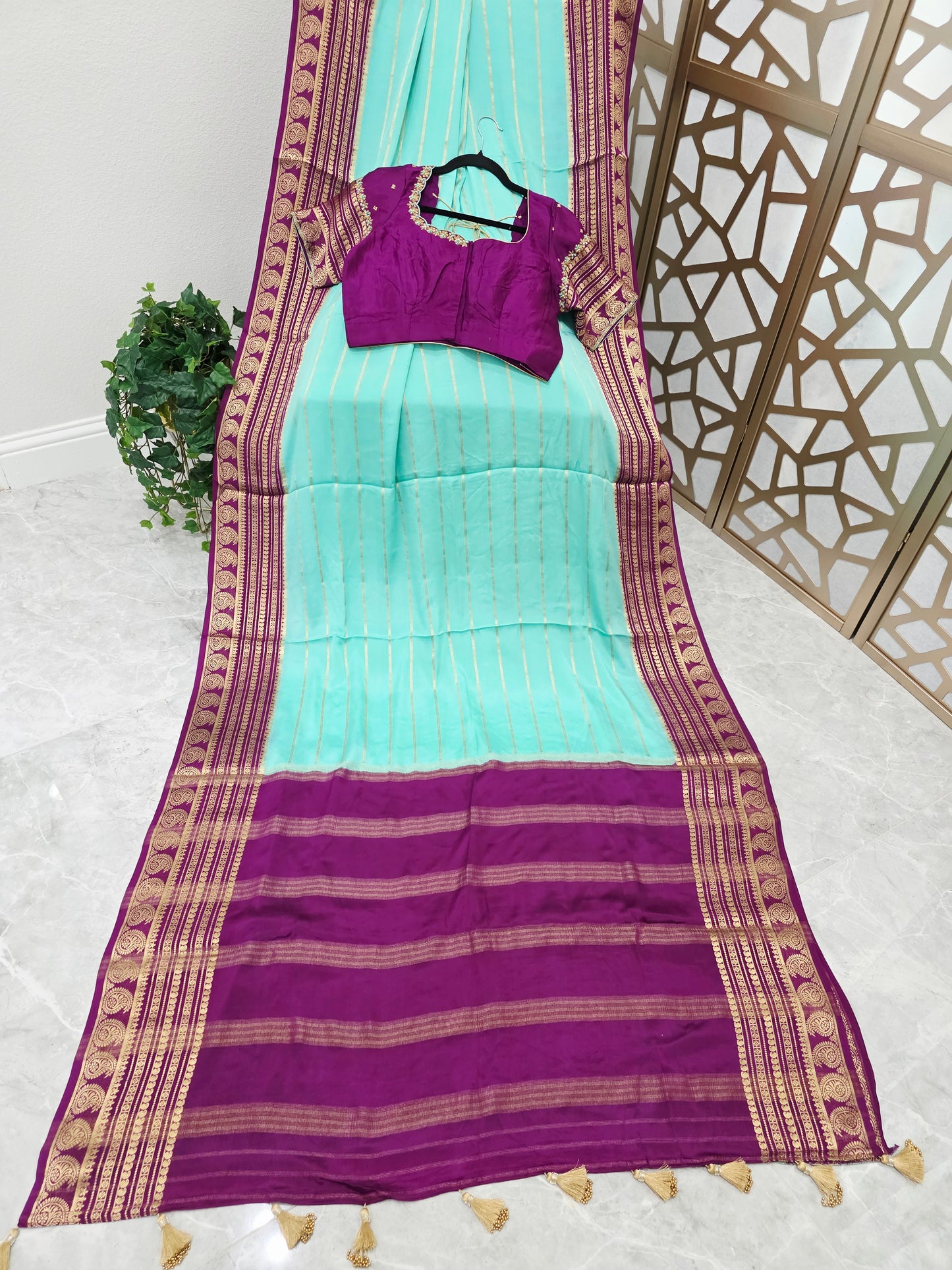 Aqua Mint & Plum Purple Pure Mysore Crepe Silk Saree, 140 GSM, with Gold Paisley Borders & Stitched Maggam Blouse — Size 38, Extendable to 44