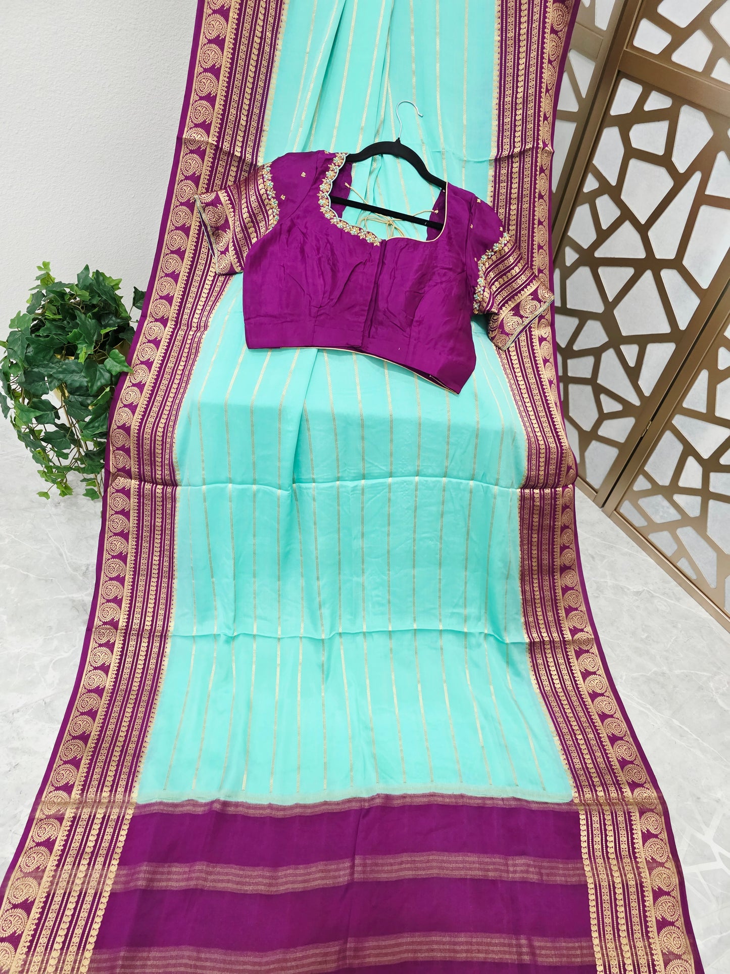 Aqua Mint & Plum Purple Pure Mysore Crepe Silk Saree, 140 GSM, with Gold Paisley Borders & Stitched Maggam Blouse — Size 38, Extendable to 44