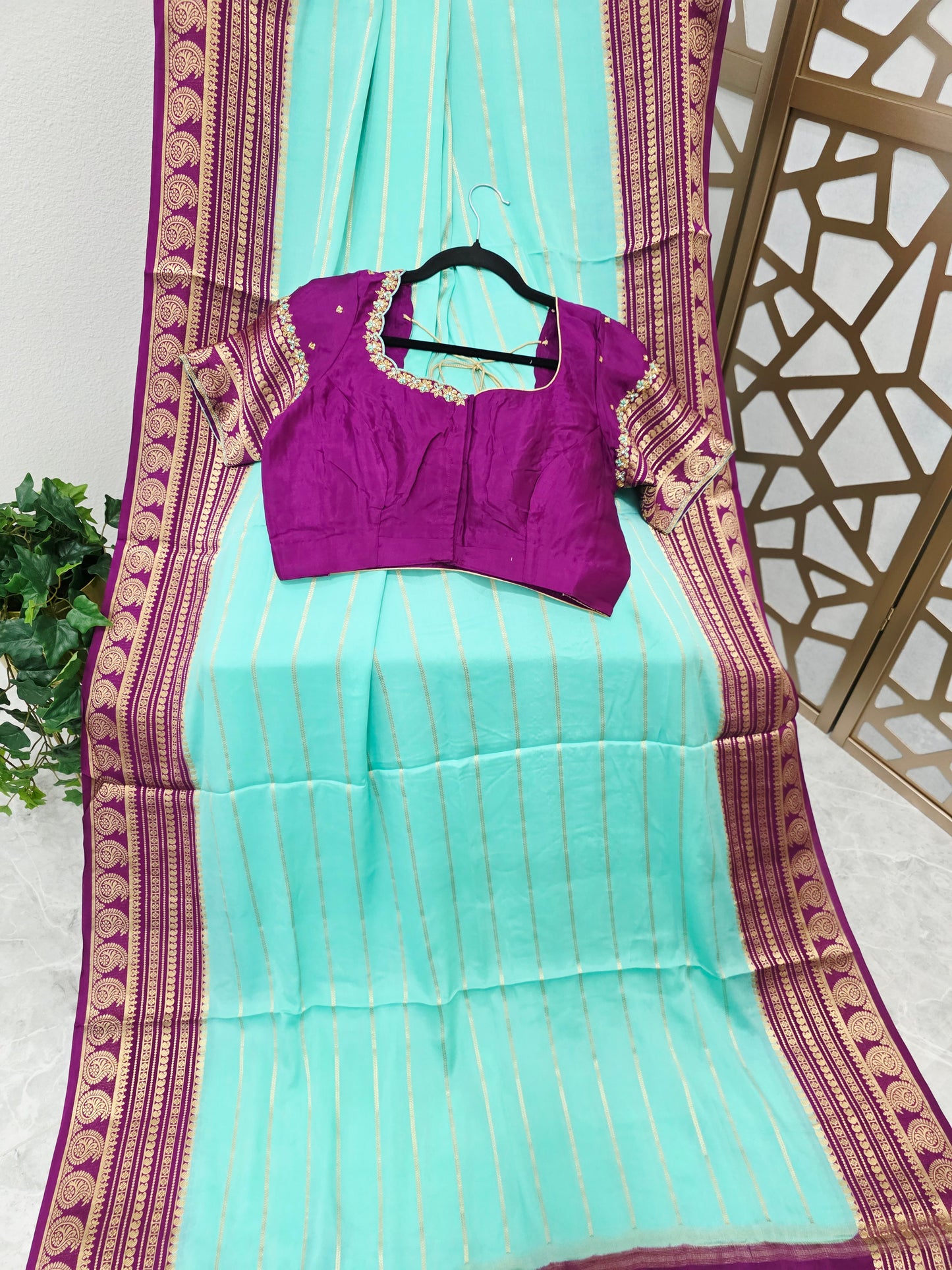 Aqua Mint & Plum Purple Pure Mysore Crepe Silk Saree, 140 GSM, with Gold Paisley Borders & Stitched Maggam Blouse — Size 38, Extendable to 44