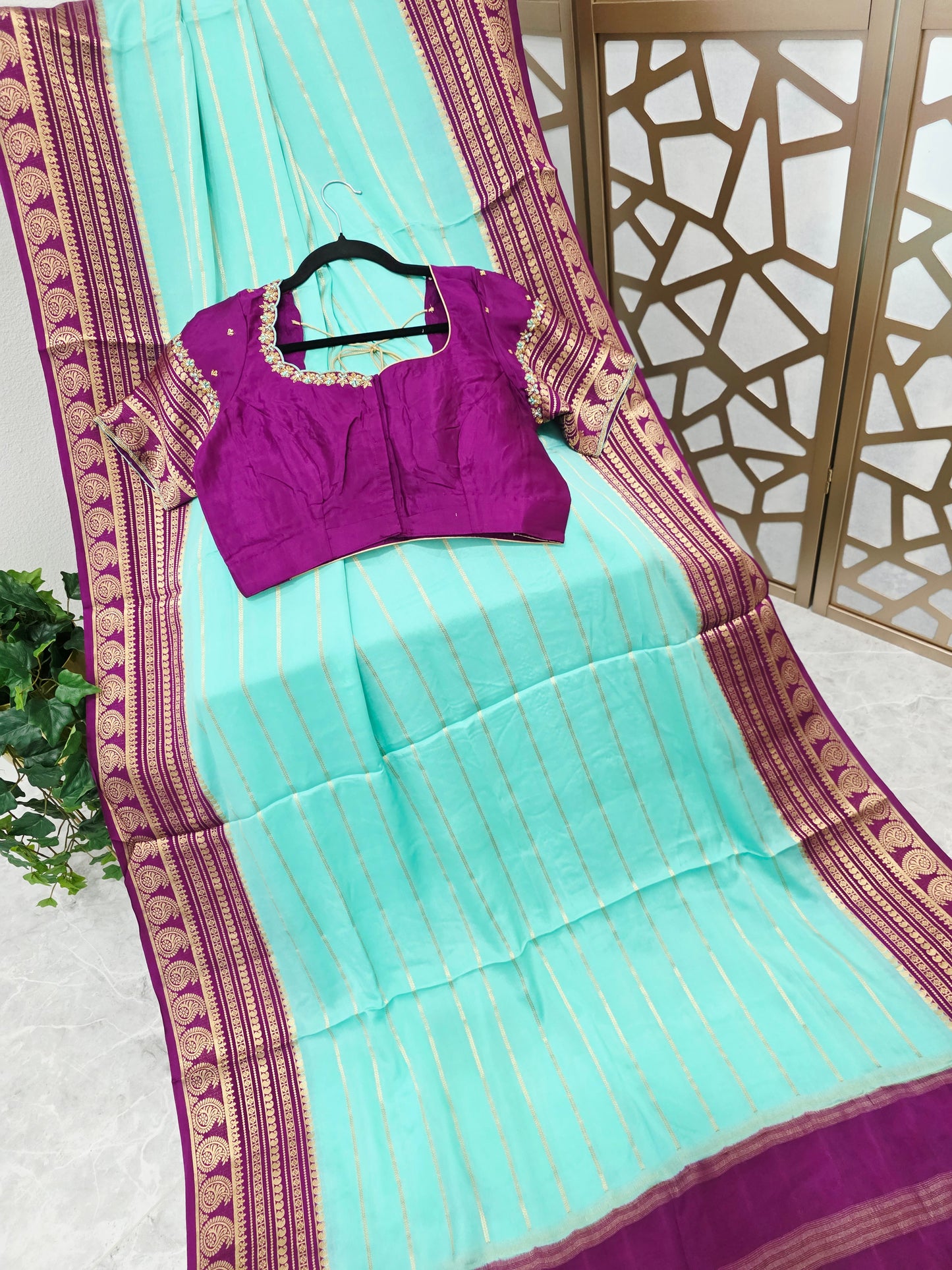Aqua Mint & Plum Purple Pure Mysore Crepe Silk Saree, 140 GSM, with Gold Paisley Borders & Stitched Maggam Blouse — Size 38, Extendable to 44