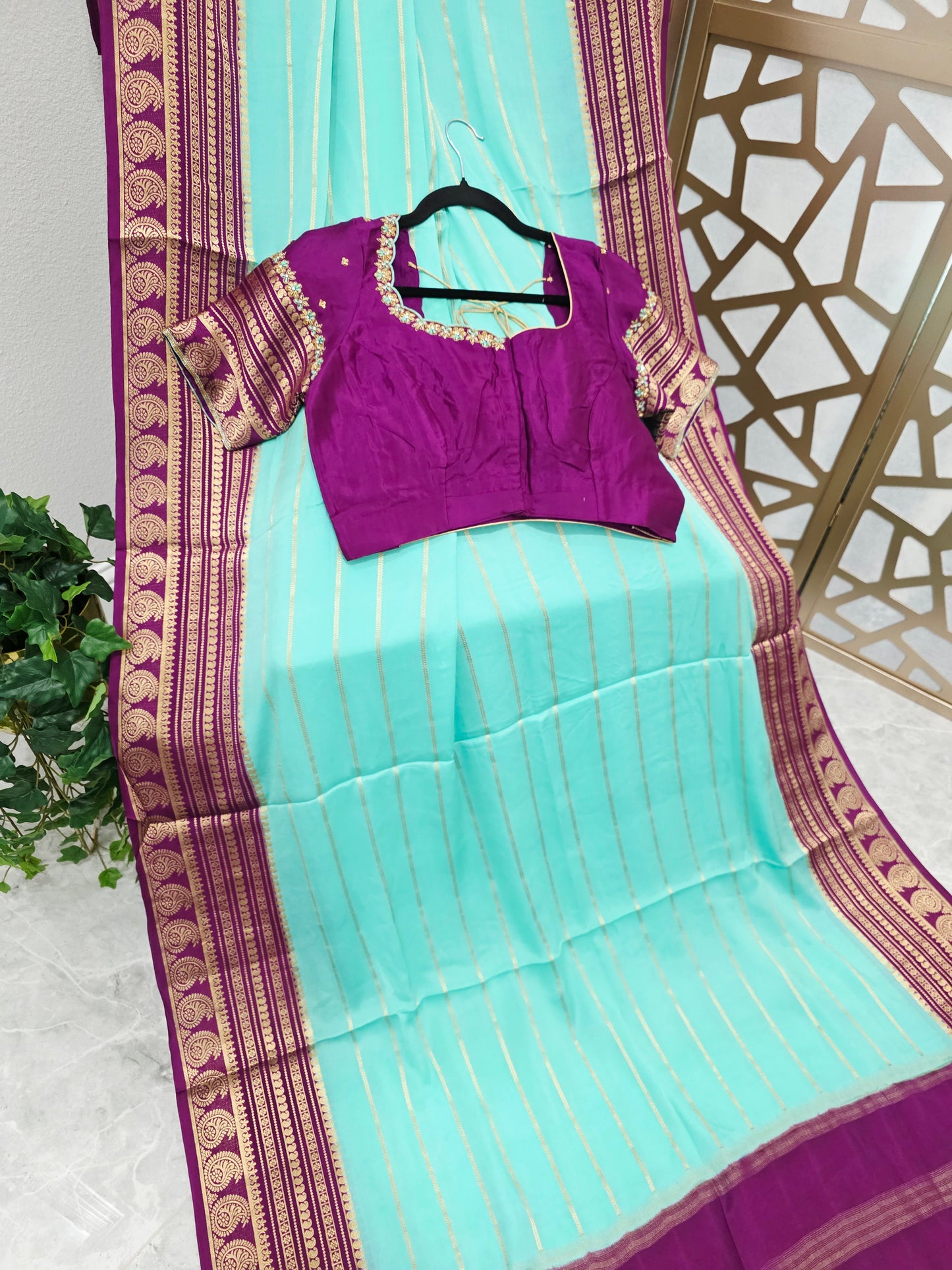 Aqua Mint & Plum Purple Pure Mysore Crepe Silk Saree, 140 GSM, with Gold Paisley Borders & Stitched Maggam Blouse — Size 38, Extendable to 44