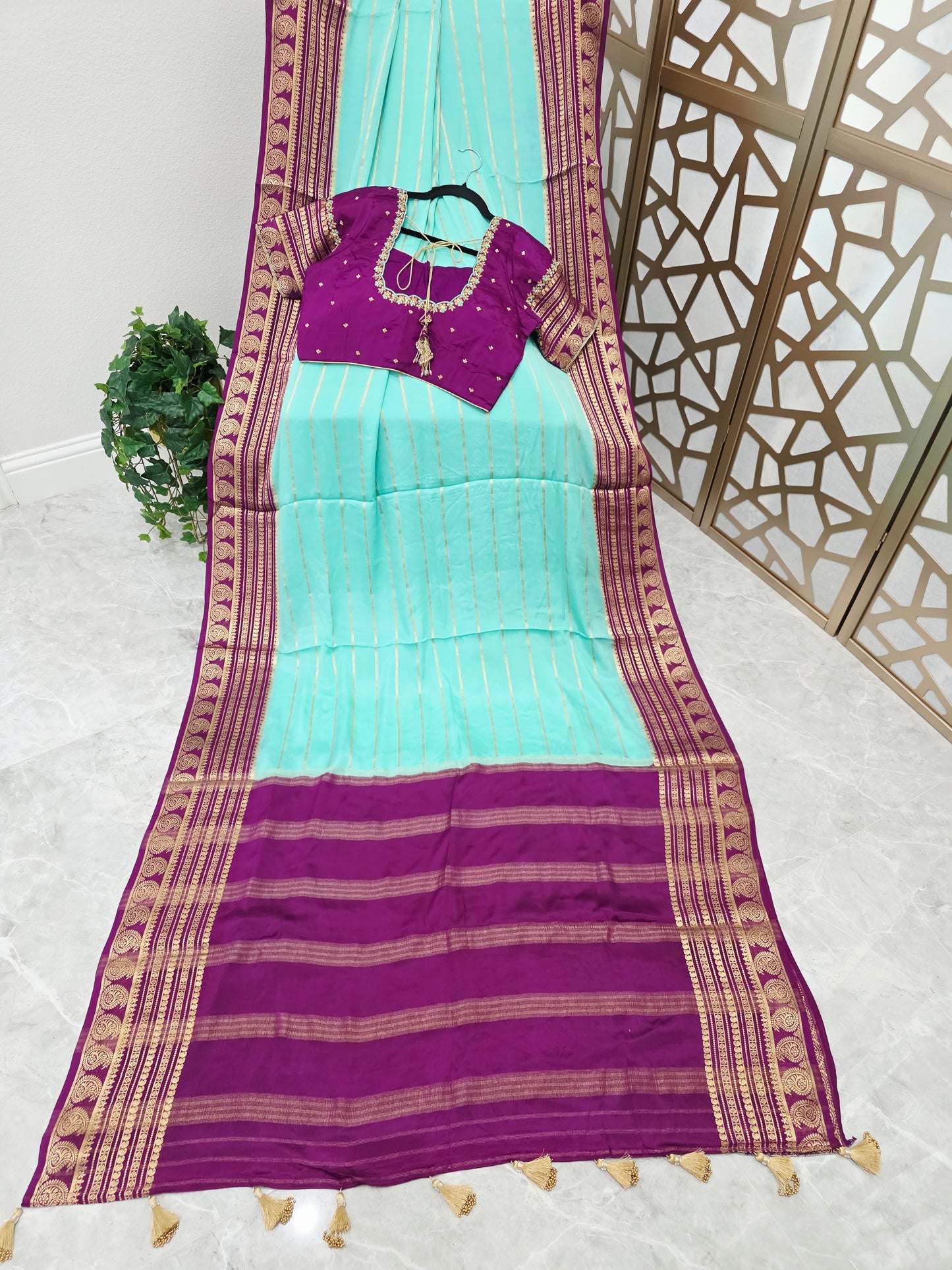 Aqua Mint & Plum Purple Pure Mysore Crepe Silk Saree, 140 GSM, with Gold Paisley Borders & Stitched Maggam Blouse — Size 38, Extendable to 44