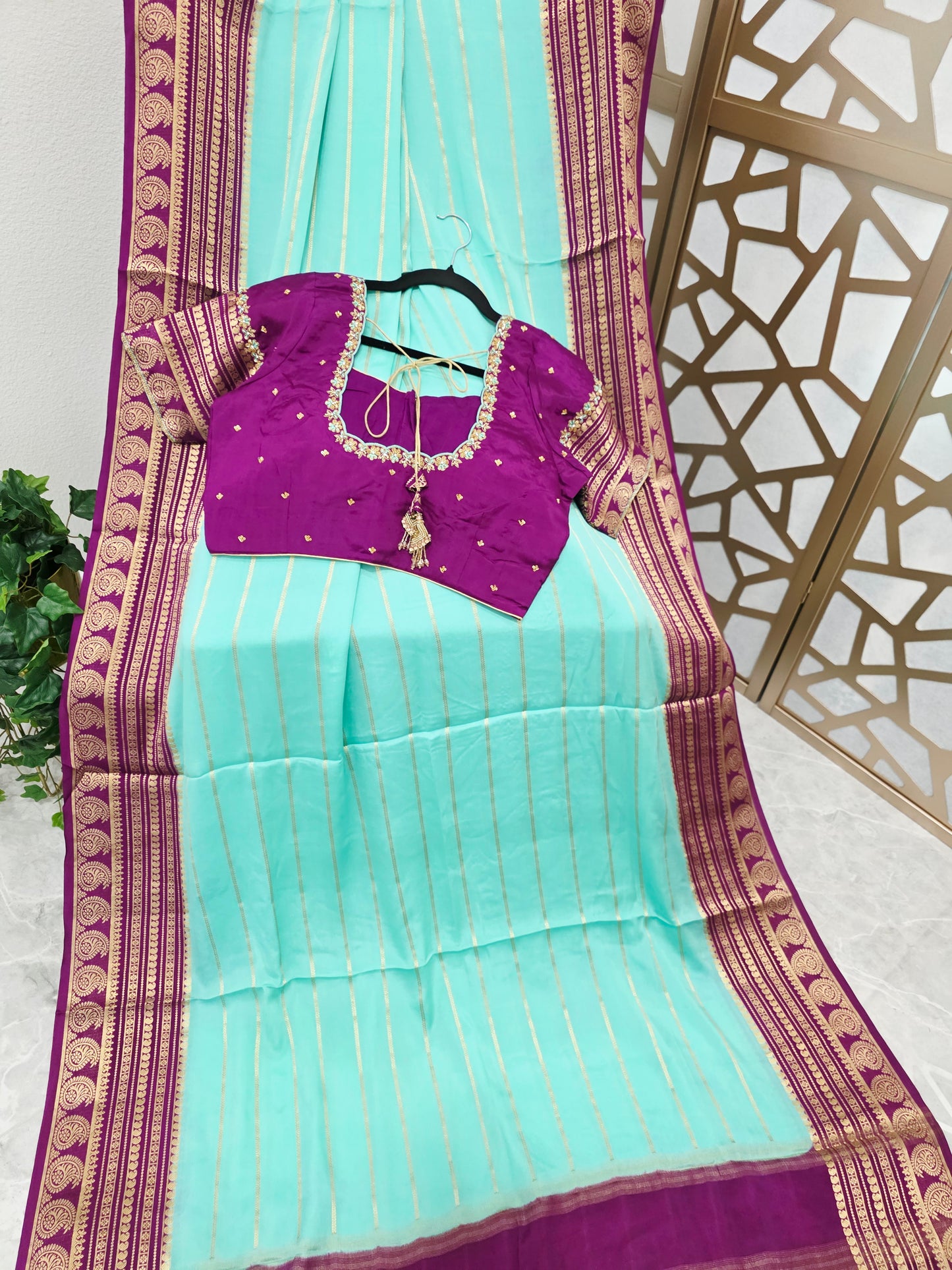Aqua Mint & Plum Purple Pure Mysore Crepe Silk Saree, 140 GSM, with Gold Paisley Borders & Stitched Maggam Blouse — Size 38, Extendable to 44
