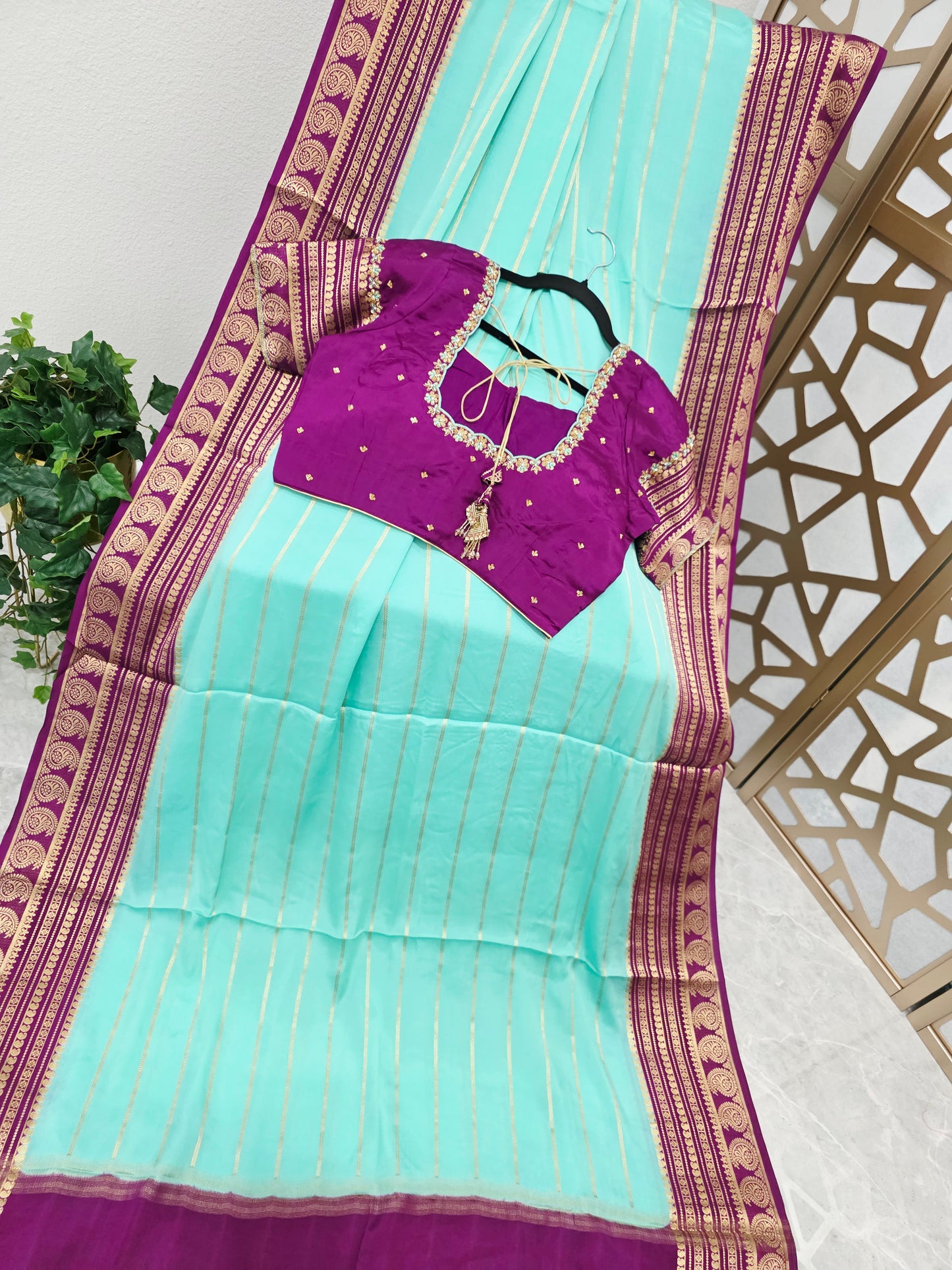 Aqua Mint & Plum Purple Pure Mysore Crepe Silk Saree, 140 GSM, with Gold Paisley Borders & Stitched Maggam Blouse — Size 38, Extendable to 44